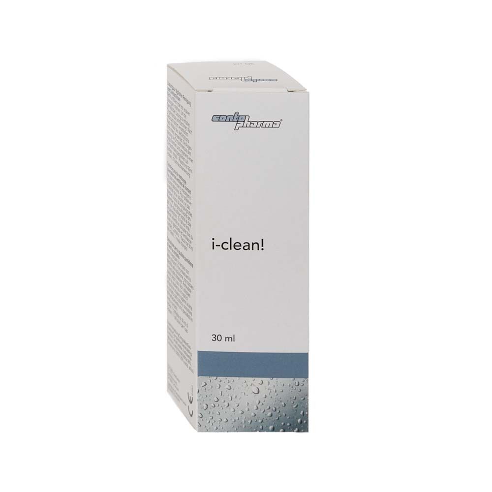 Boîte de contopharma® i-clean!. Blanche, ligne bleue et nom du produit. 30 ml.