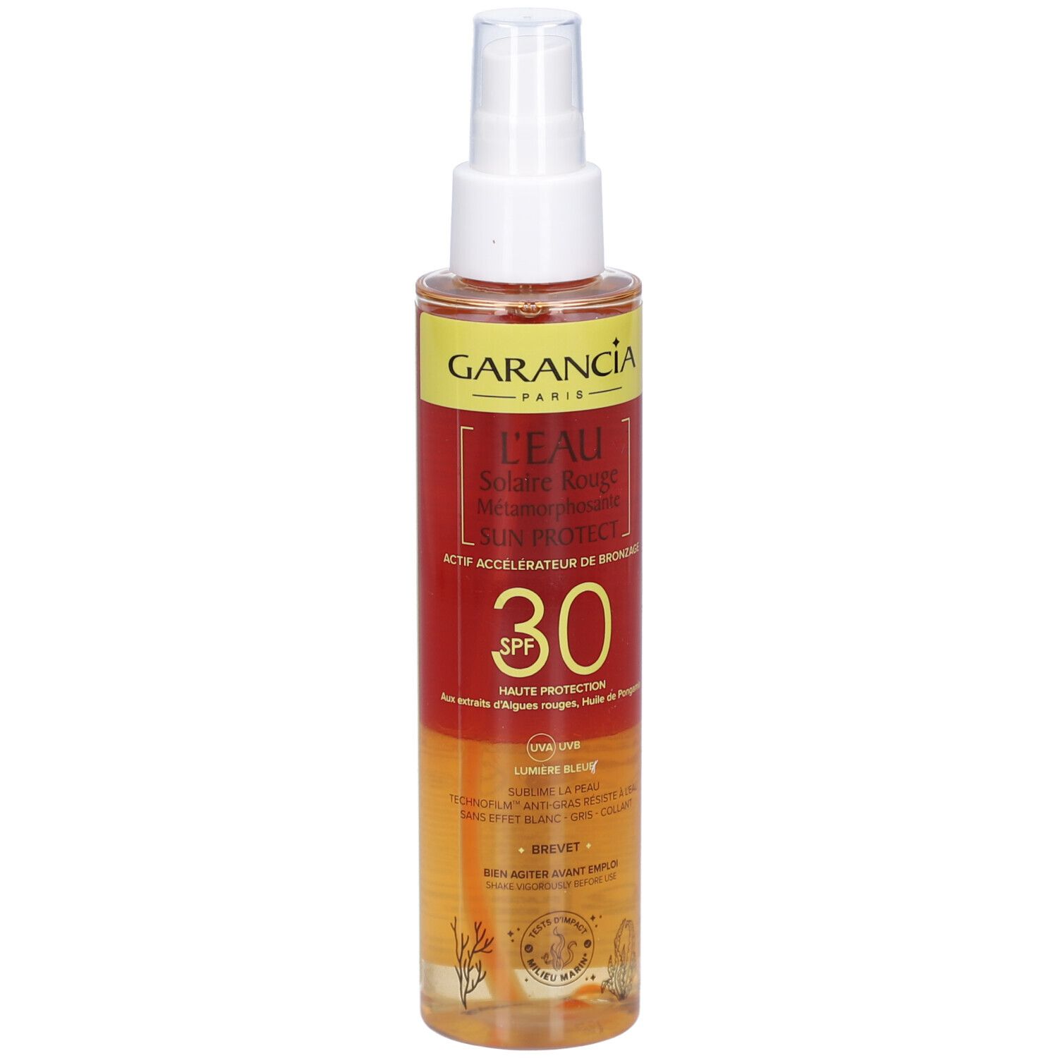 GARANCIA L'Eau Solaire Rouge Métamorphosante Sun Protect SPF30. Flacon spray. Étiquettes rouges et jaunes. Informations produit visibles.