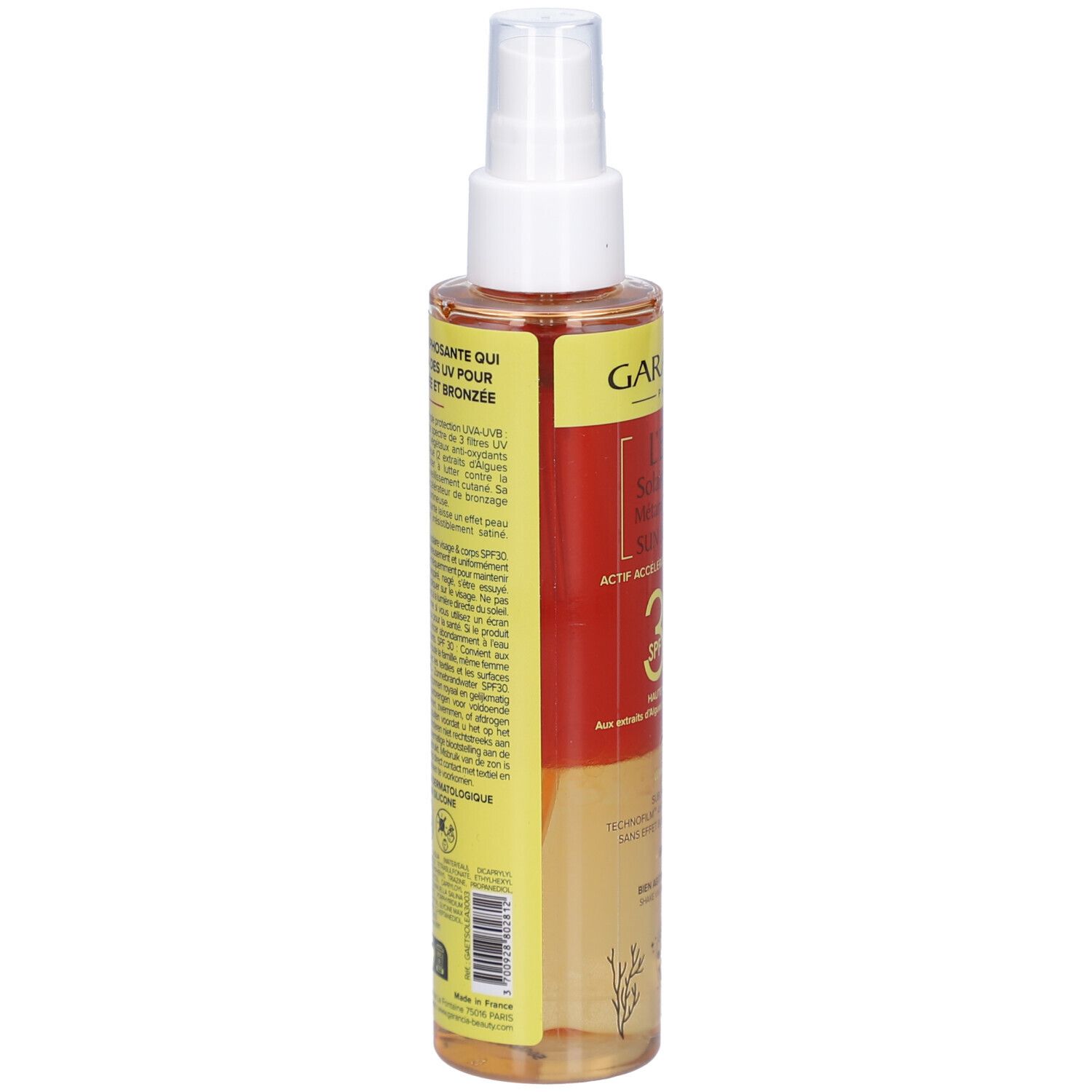GARANCIA L'Eau Solaire Rouge Métamorphosante Sun Protect SPF30. Vue arrière du flacon. Étiquette jaune avec texte. Informations produit.