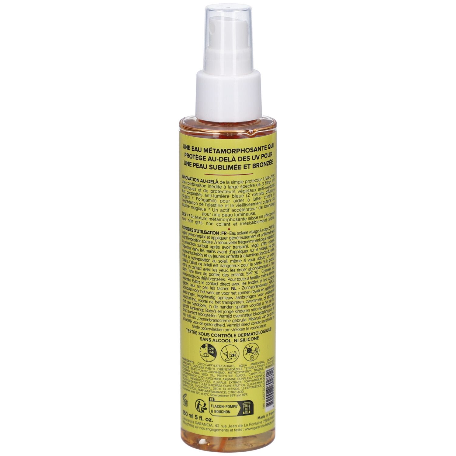 GARANCIA L'Eau Solaire Rouge Métamorphosante Sun Protect SPF30. Vue arrière du flacon. Étiquette jaune avec texte et logos. Informations produit.