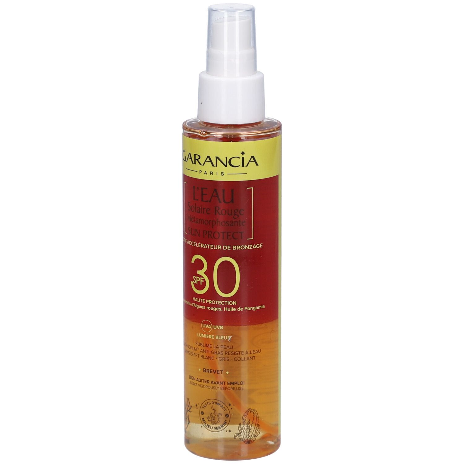 GARANCIA L'Eau Solaire Rouge Métamorphosante Sun Protect SPF30. Flacon spray. Étiquettes rouges et jaunes. Informations produit visibles.