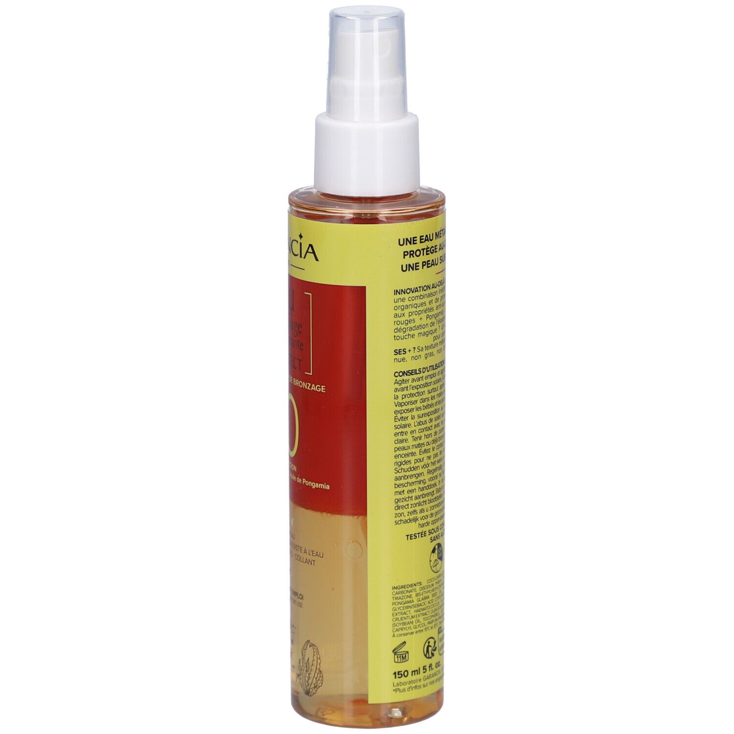 GARANCIA L'Eau Solaire Rouge Métamorphosante Sun Protect SPF30. Vue arrière du flacon. Étiquette jaune avec texte. Informations produit.