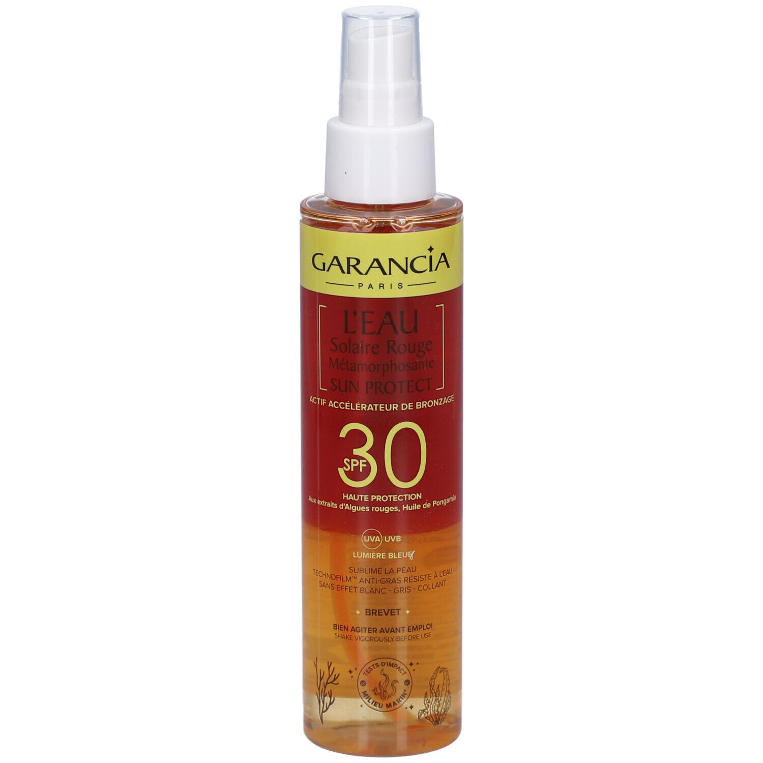 GARANCIA L'Eau Solaire Rouge Métamorphosante Sun Protect SPF30. Flacon spray. Étiquettes rouges et jaunes. Informations produit visibles.