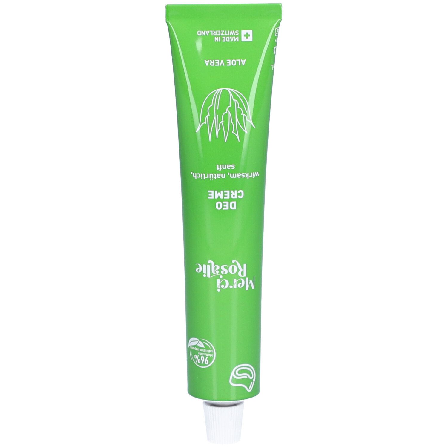 Tube vert "Merci Rosalie Deo Creme Aloe Vera". Contient de l'aloe vera. Fabriqué en Suisse.