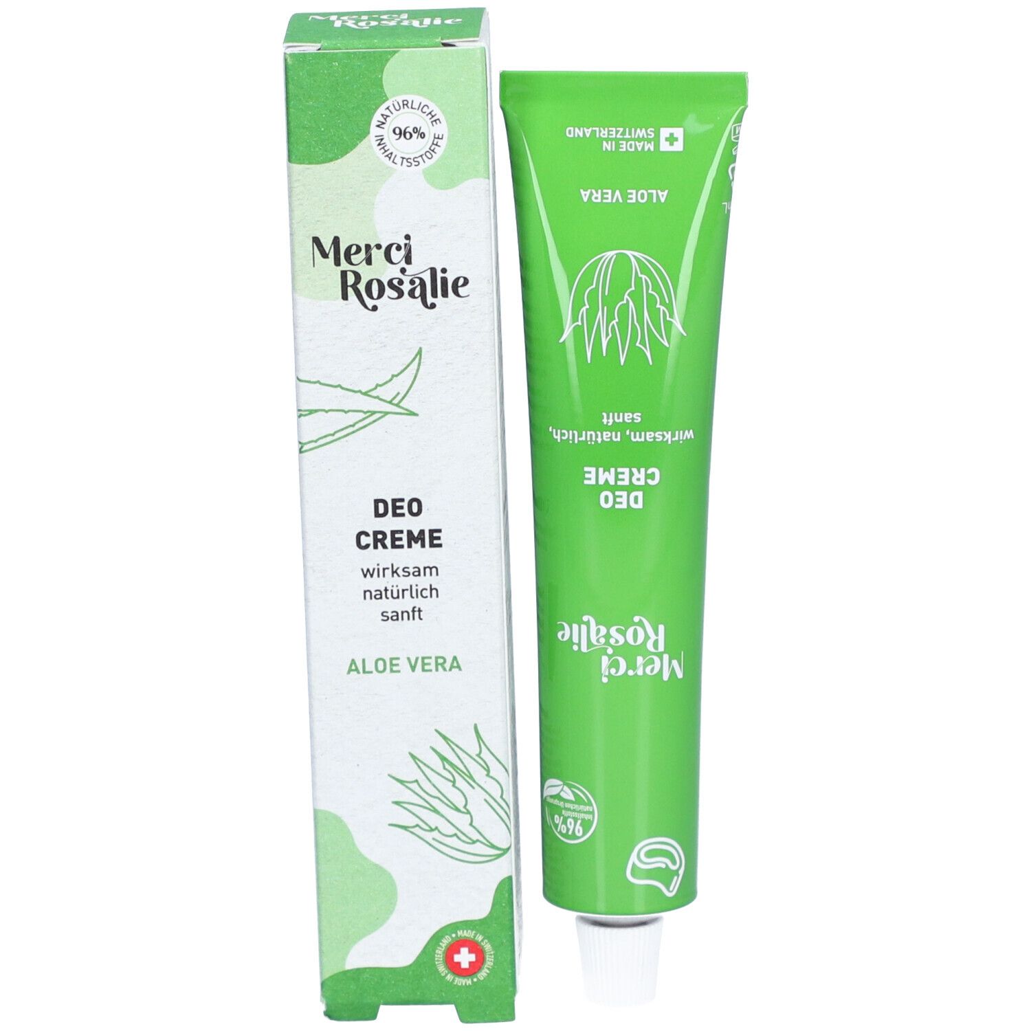 Tube et boîte verts. Écrit "Merci Rosalie Deo Creme Aloe Vera". Avec illustration d'aloe vera.
