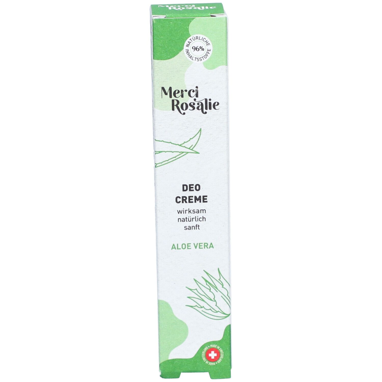 Boîte verte avec "Merci Rosalie Deo Creme Aloe Vera". Avec illustration d'aloe vera.