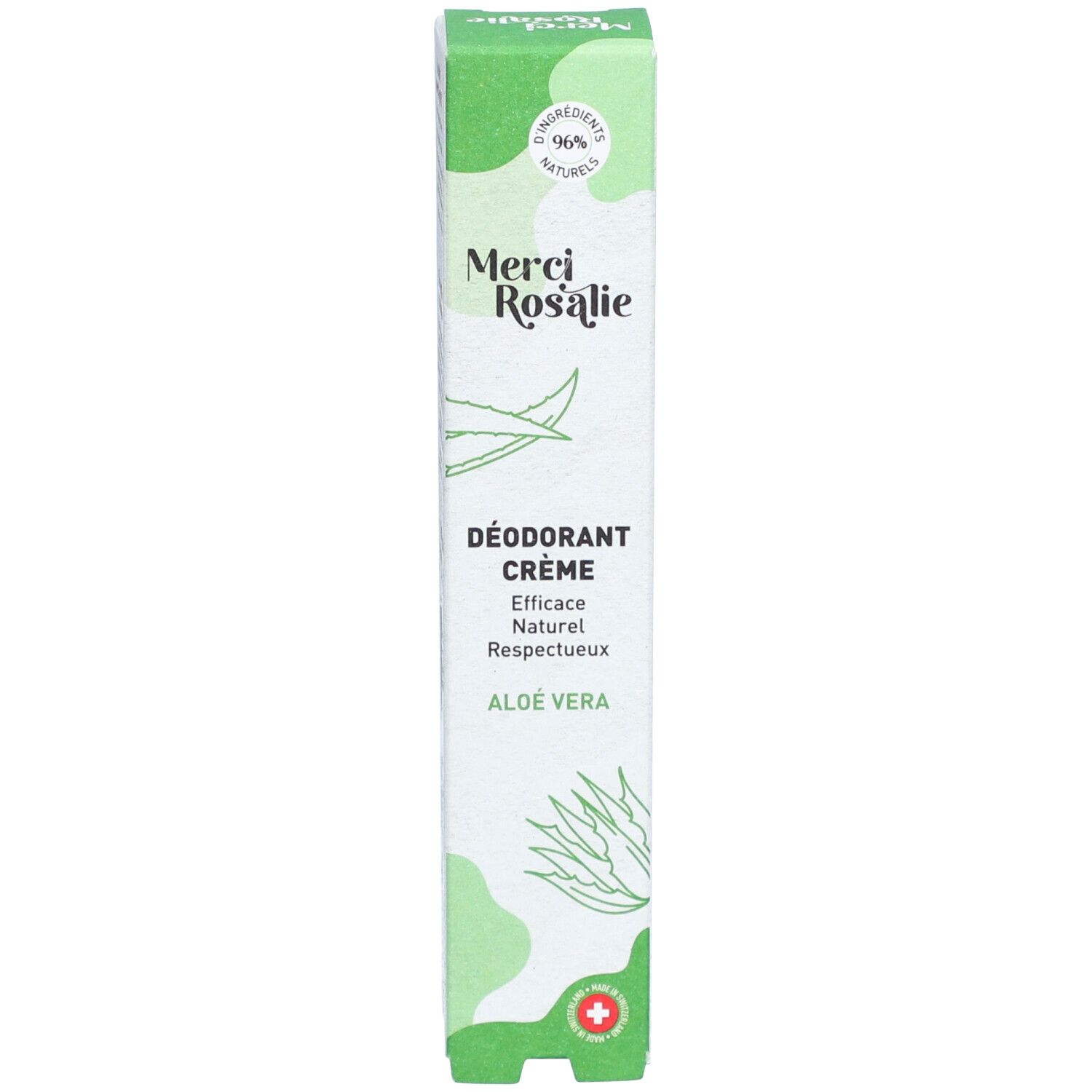 Boîte verte avec "Merci Rosalie Déodorant Crème Aloe Vera". Avec illustration d'aloe vera.