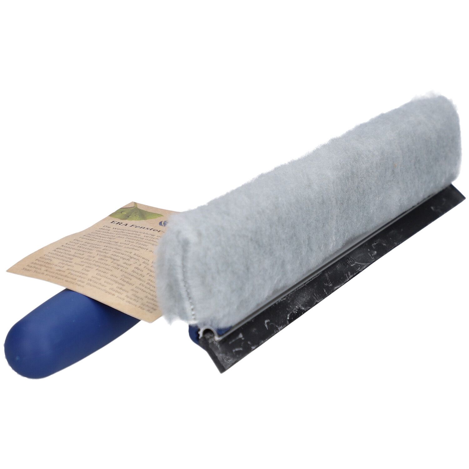 Raclette de fenêtre avec manche bleu et revêtement gris. Étiquette du produit.