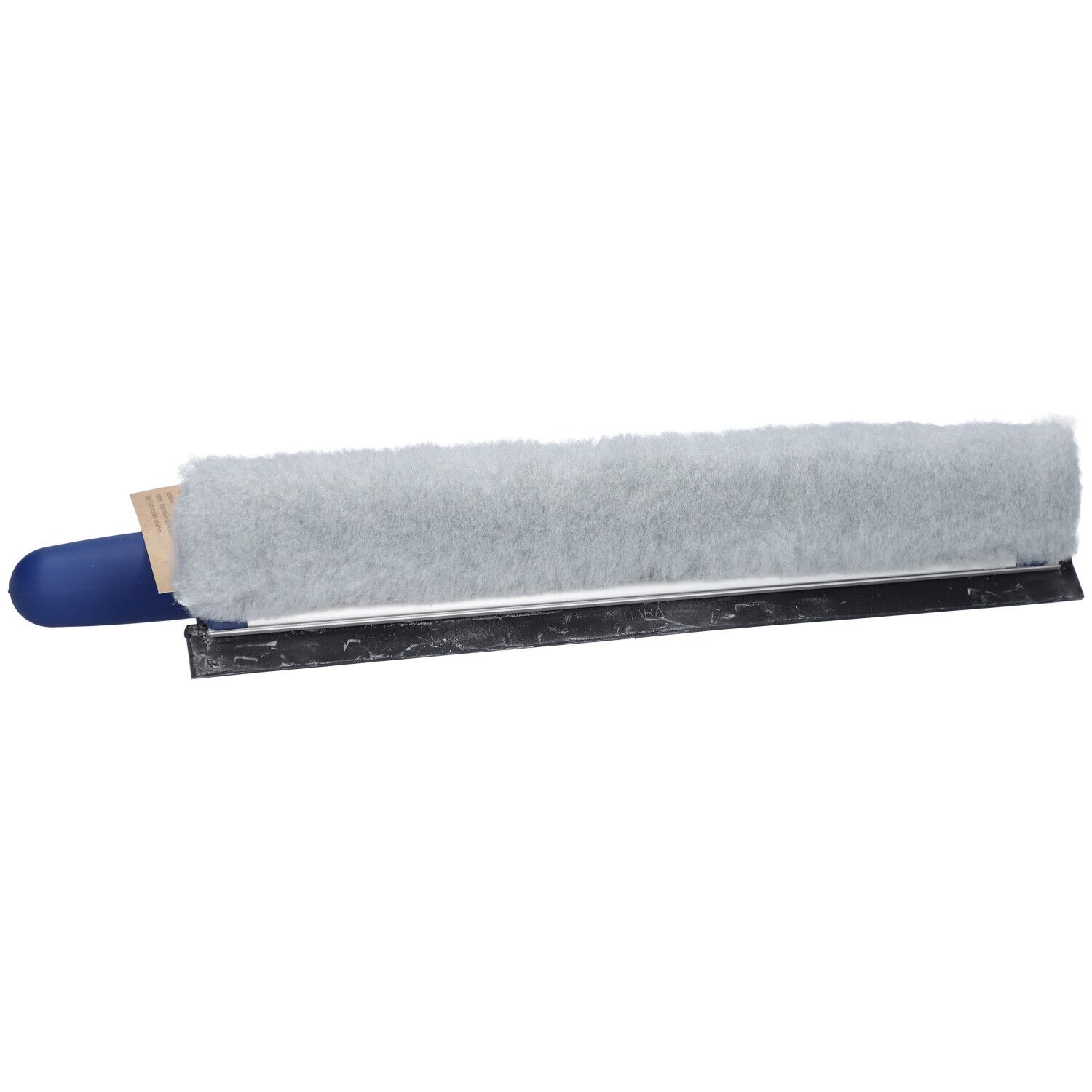Raclette de fenêtre avec manche bleu et revêtement gris. Étiquette du produit.