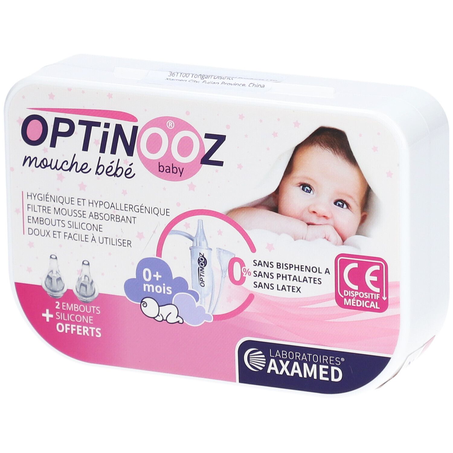 Boîte Optinooz, mouche bébé. Contient 2 embouts silicone. Logo CE. Image d'un bébé. Inscription "0+ mois".