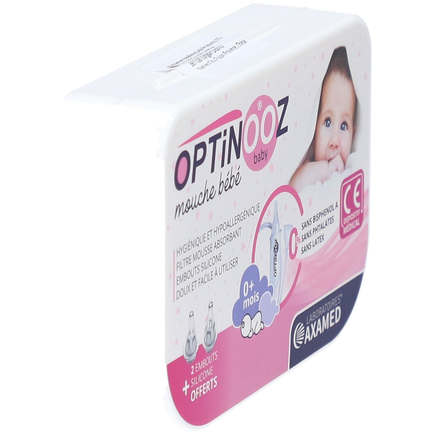 Boîte Optinooz, mouche bébé. Contient 2 embouts silicone. Logo CE. Vue en biais. Inscription "0+ mois".