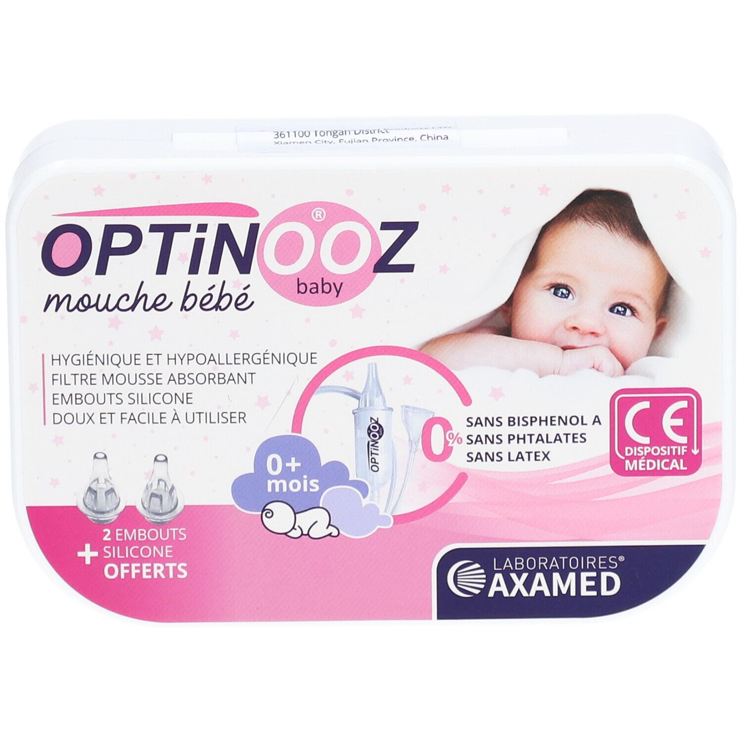 Boîte Optinooz, mouche bébé. Contient 2 embouts silicone. Logo CE. Image d'un bébé. Inscription "0+ mois".