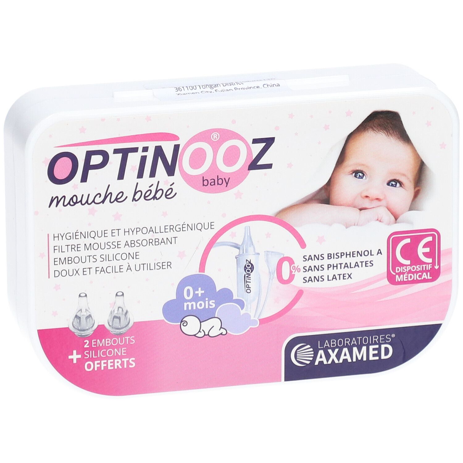 Boîte Optinooz, mouche bébé. Contient 2 embouts silicone. Logo CE. Image d'un bébé. Inscription "0+ mois".