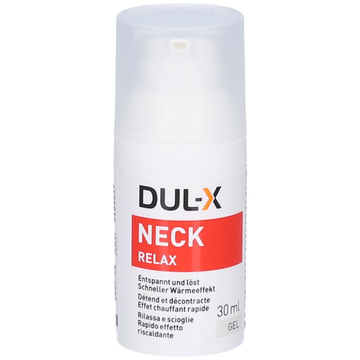 Flacon de gel blanc avec étiquette rouge. Inscription: DUL-X NECK RELAX. 30 ml. Avec pompe doseuse et couvercle.
