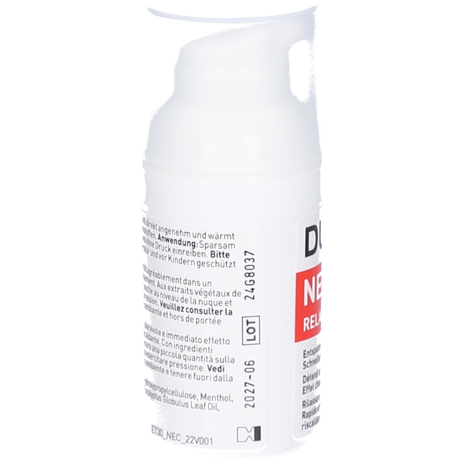 Flacon de gel blanc avec étiquette rouge. Inscription: DUL-X NECK RELAX. Texte au dos. Avec pompe doseuse et couvercle.