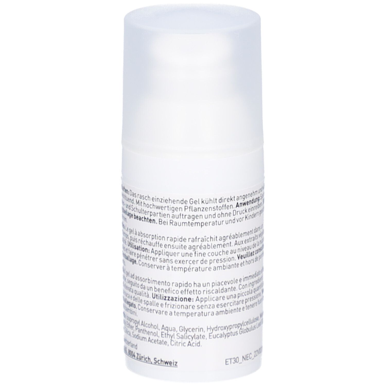 Flacon de gel blanc avec texte au dos. Avec pompe doseuse et couvercle. Ingrédients et informations fabricant.