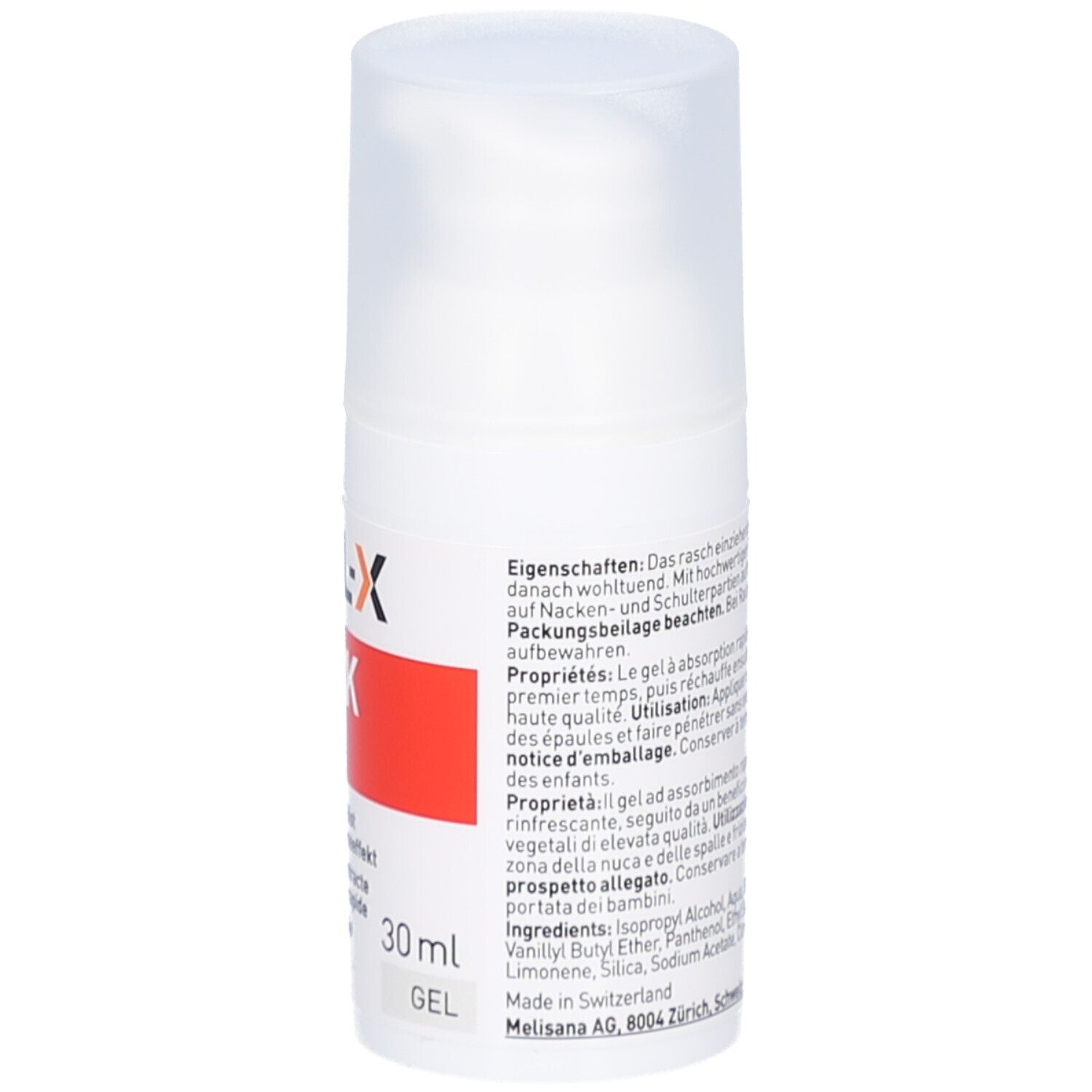 Flacon de gel blanc avec étiquette rouge. Inscription: DUL-X NECK RELAX. 30 ml. Avec pompe doseuse et couvercle.