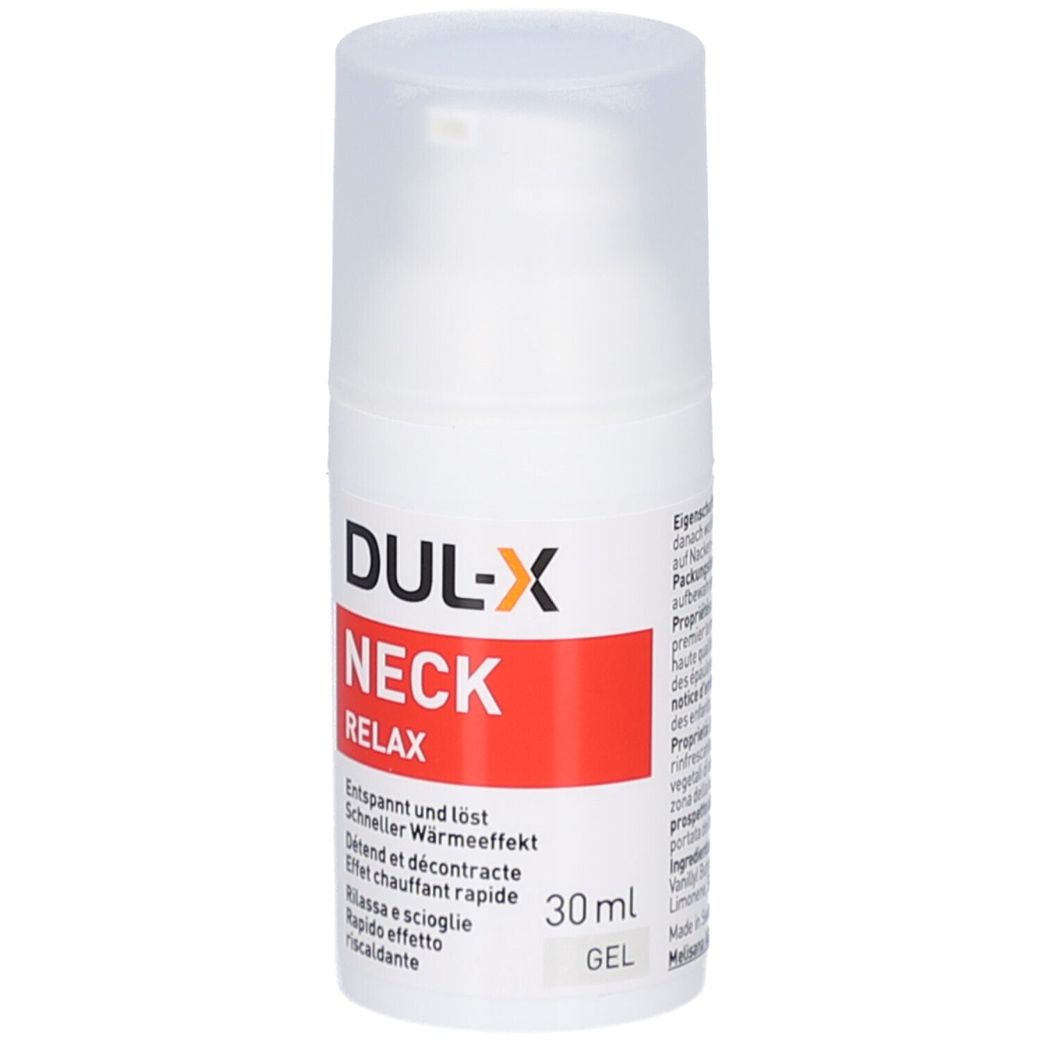 Flacon de gel blanc avec étiquette rouge. Inscription: DUL-X NECK RELAX. 30 ml. Avec pompe doseuse et couvercle.