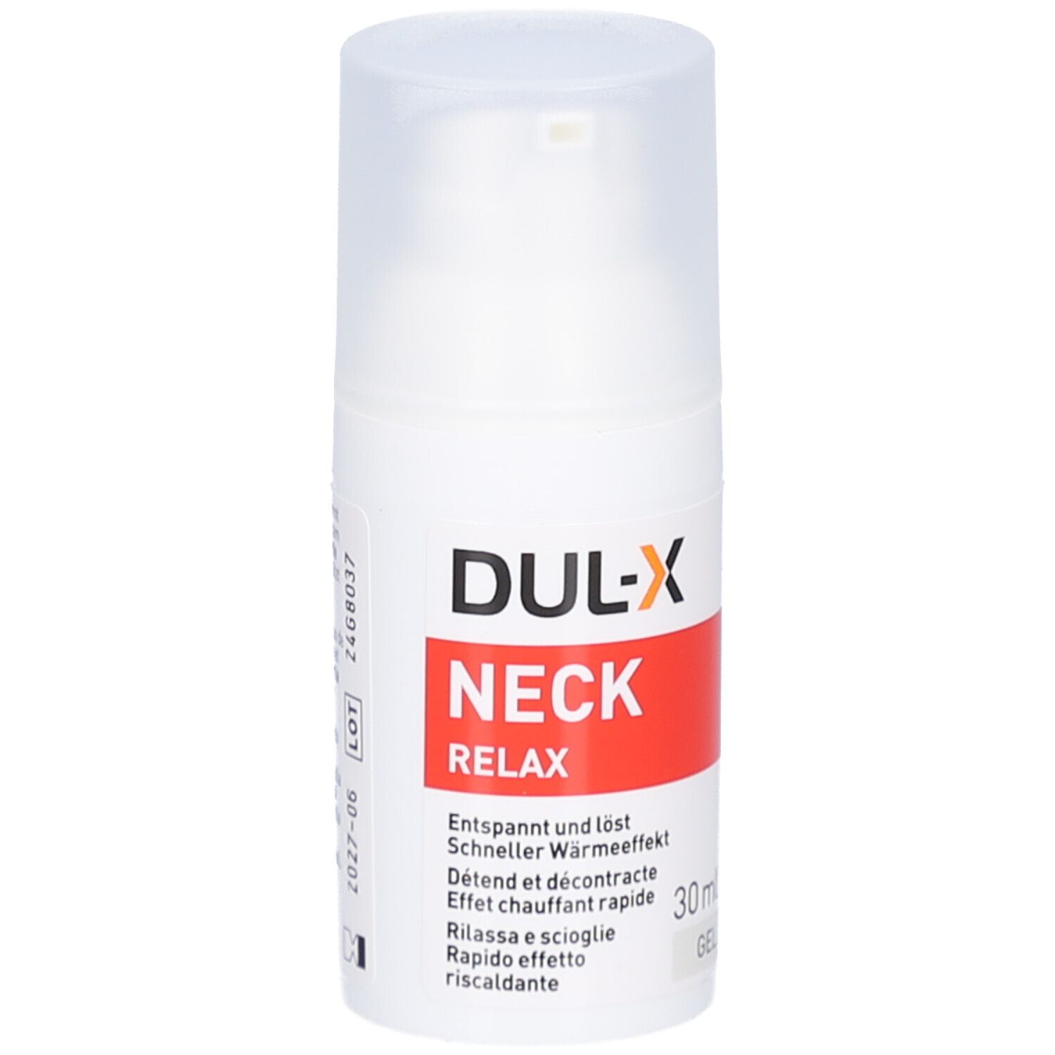Flacon de gel blanc avec étiquette rouge. Inscription: DUL-X NECK RELAX. 30 ml. Avec pompe doseuse et couvercle.