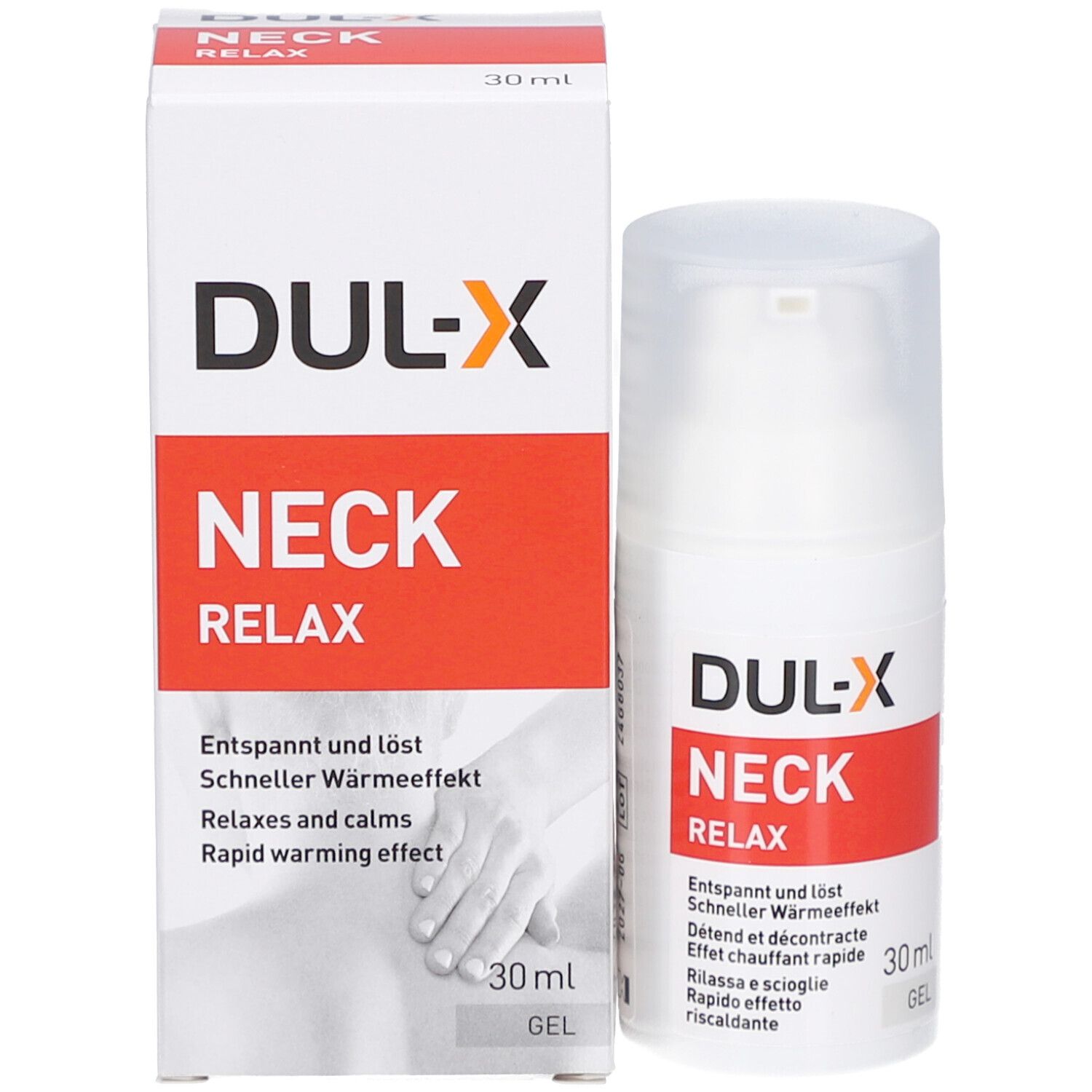 Emballage et flacon. Inscription: DUL-X NECK RELAX. 30 ml. Flacon avec pompe doseuse et couvercle.
