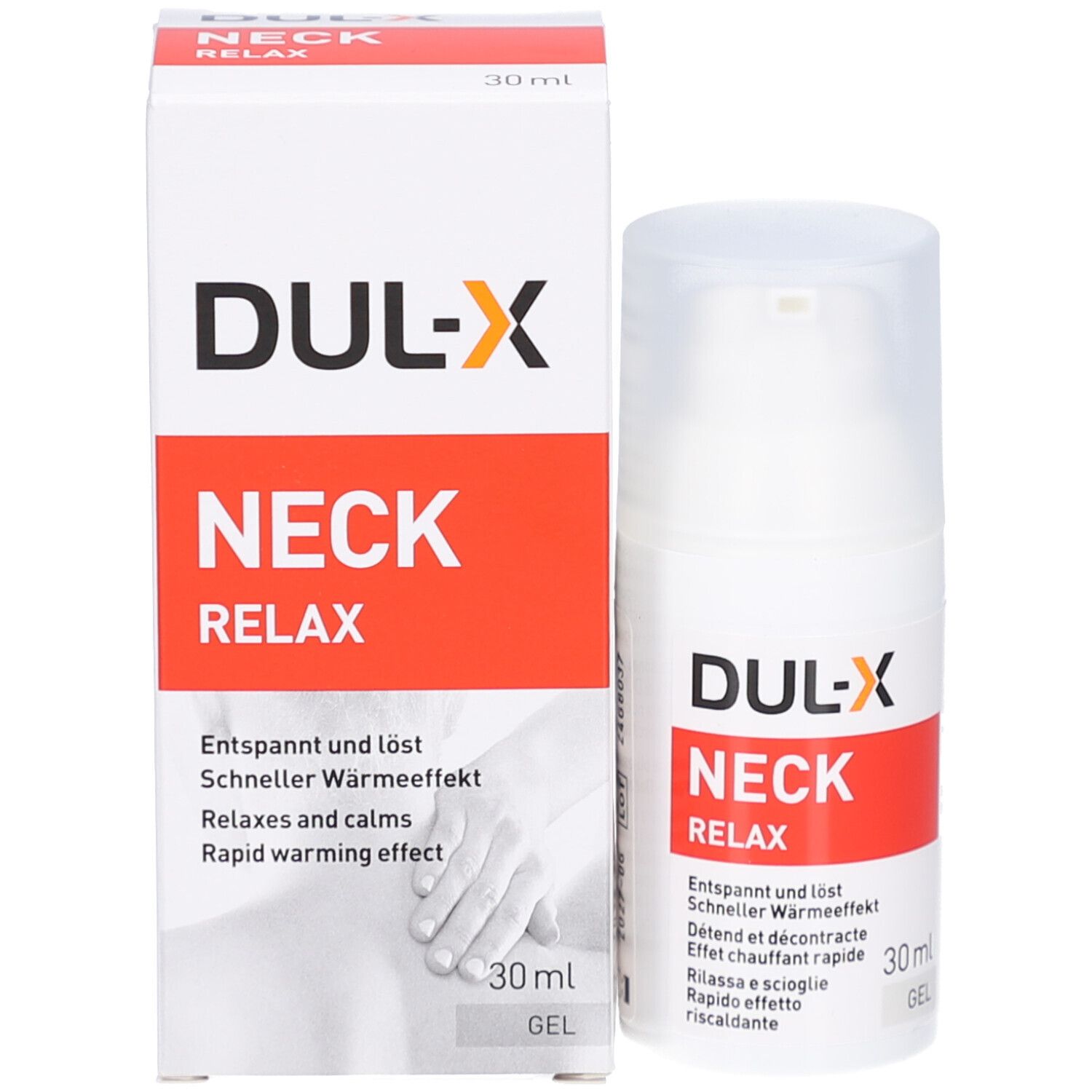Emballage du produit. Inscription: DUL-X NECK RELAX. 30 ml. Illustration d'une personne.
