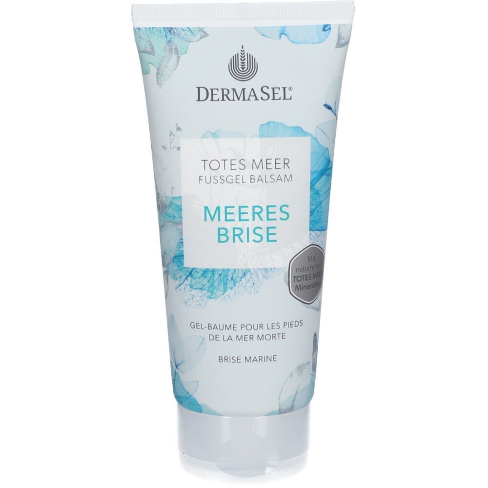 Tube blanche et bleue. Nom du produit et logo. Texte: Totes Meer Fußgel Balsam Meeresbrise. Certification.