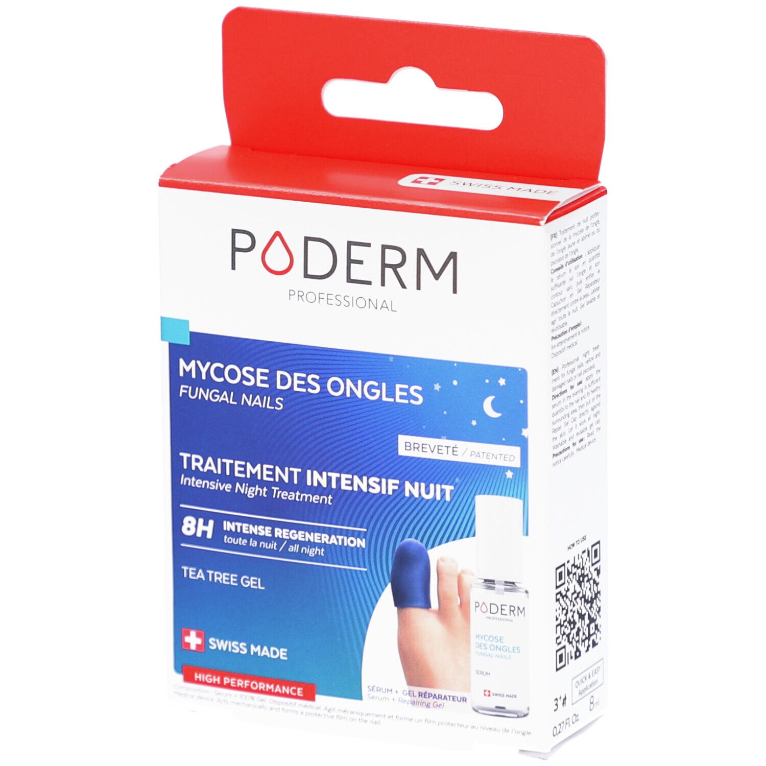 Boîte Poderm. Texte: Mycose des Ongles, Traitement intensif nuit, 8H régénération, Tea Tree Gel. Fabriqué en Suisse. Logo.