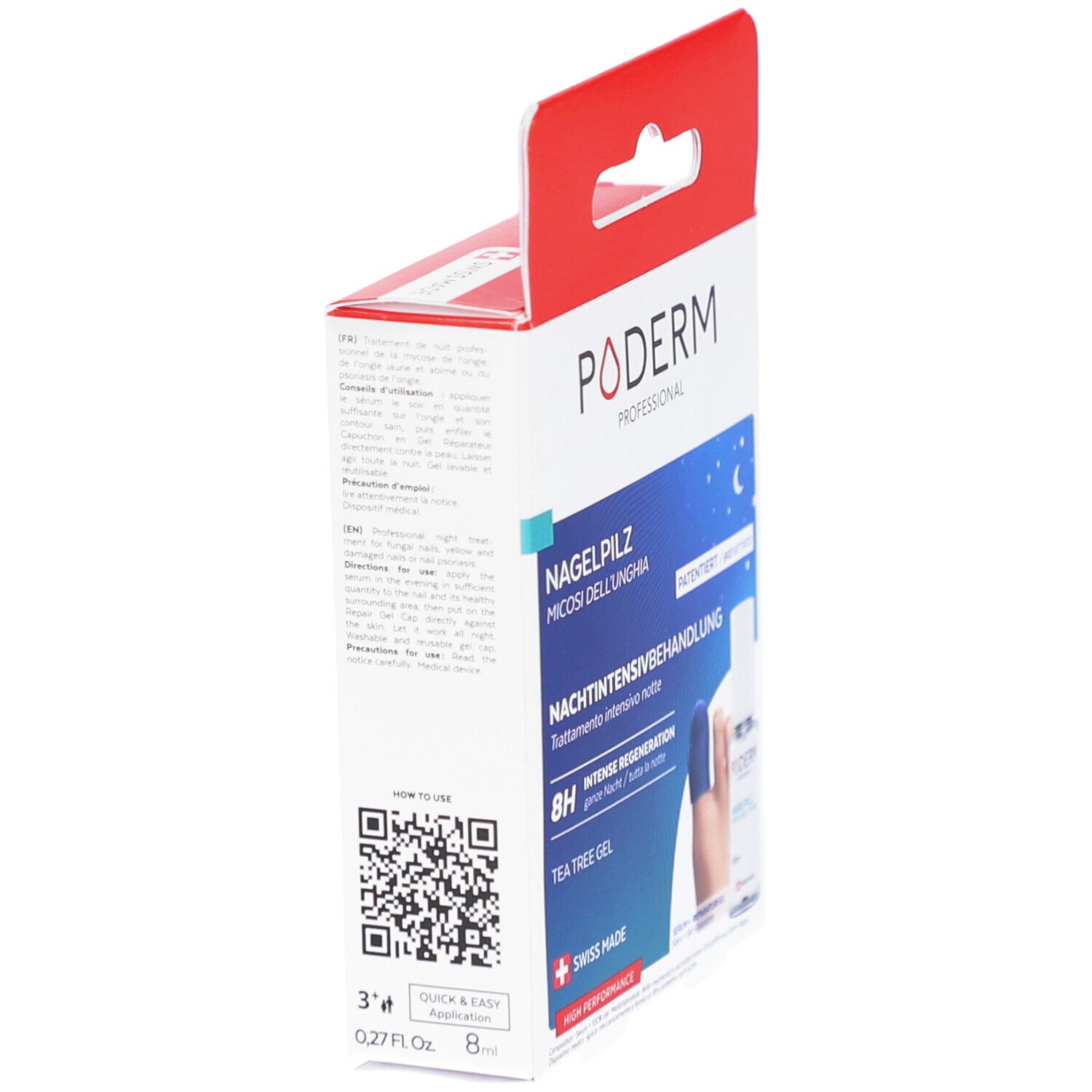 Vue latérale de la boîte Poderm. Texte: Mycoses des ongles, traitement de nuit. Code QR. 0.27 Fl. Oz. 8ml.