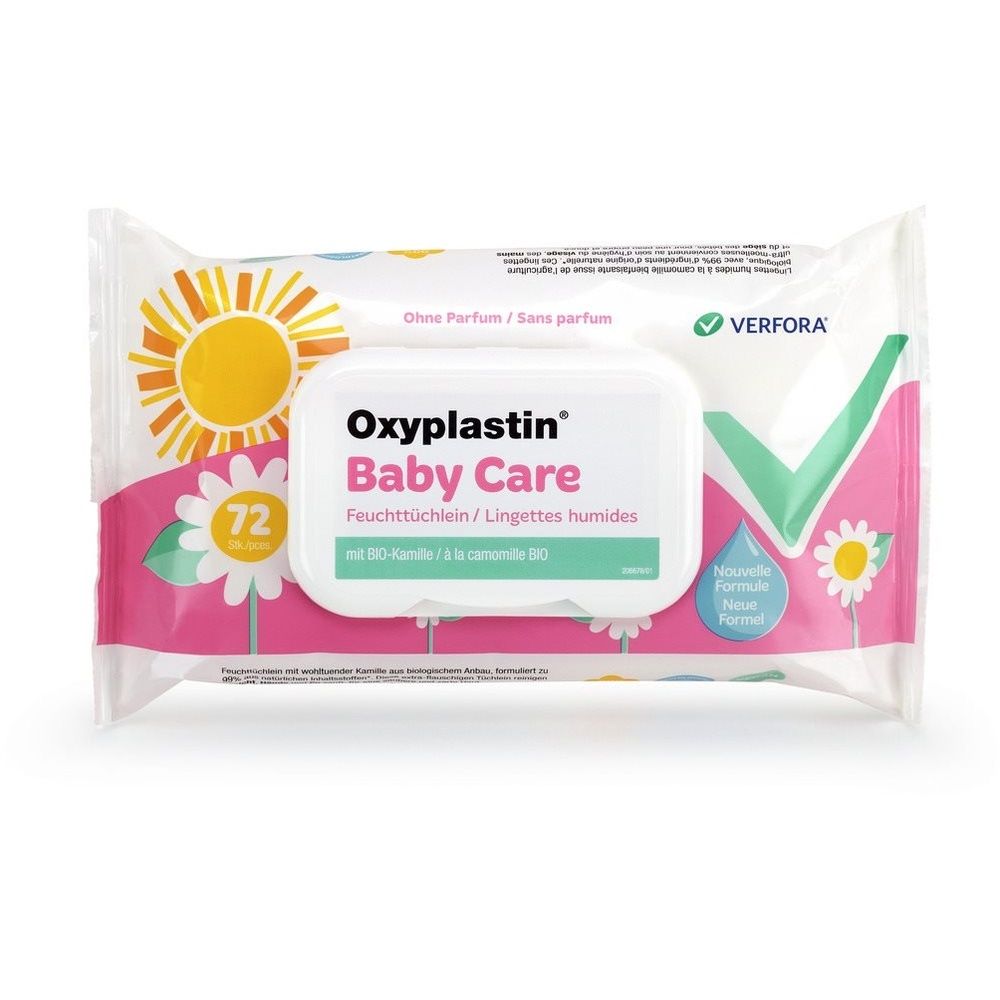 Paquet de lingettes OXYPLASTIN Baby Care. 72 lingettes. Sans parfum. À la camomille. Logo Verfora.