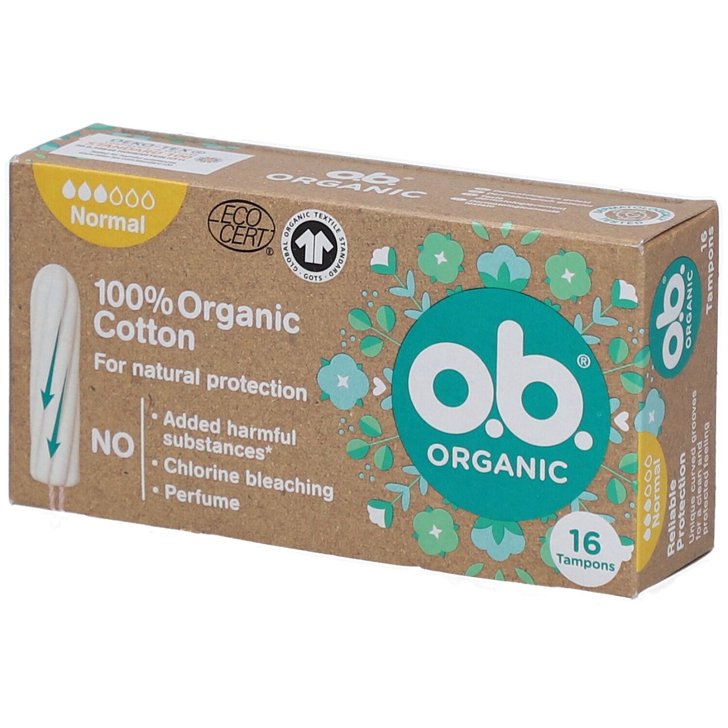 Boîte de tampons O.B. Organic, 100% coton bio, 16 unités. Certifications: Ecocert, Textile Exchange.