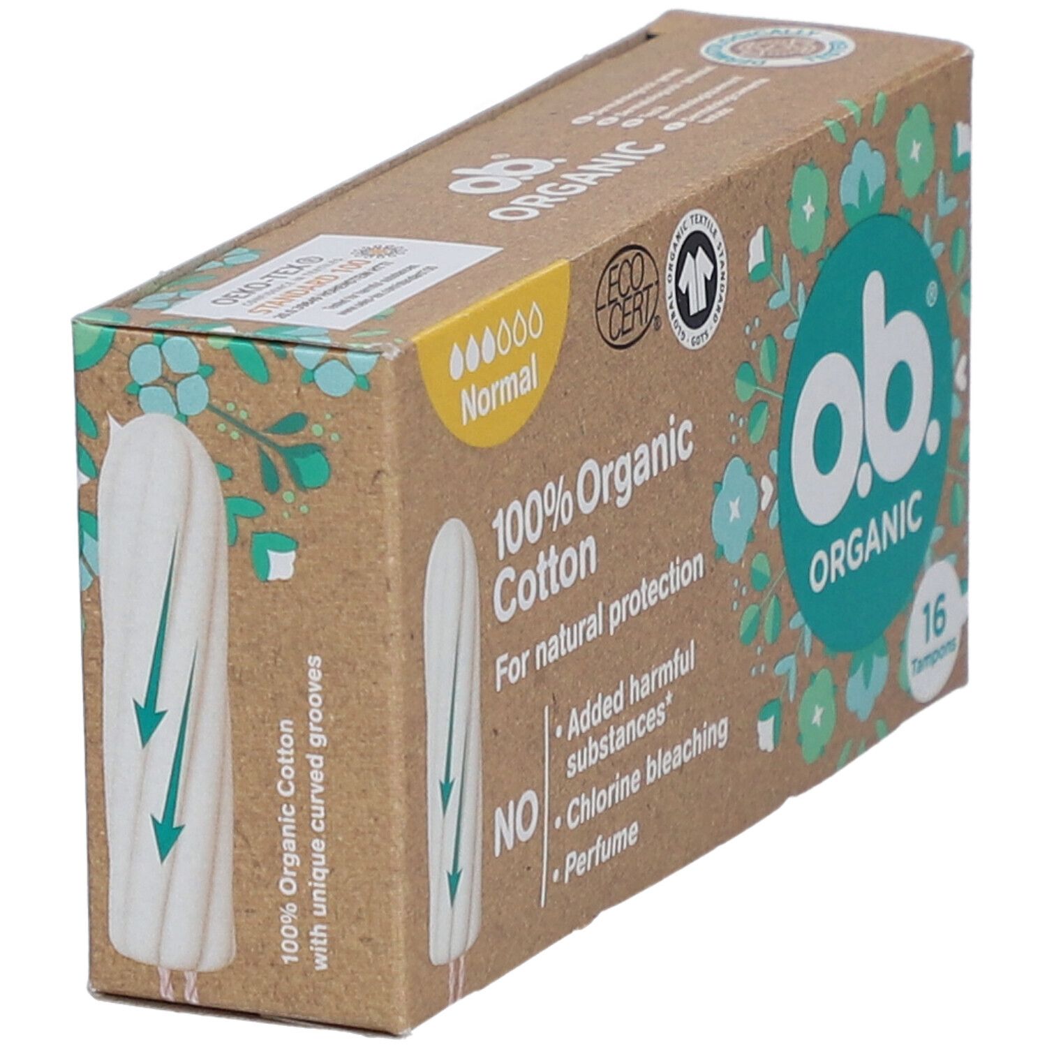 Boîte de tampons inclinée. O.B. Organic, 100% coton bio. Visible: tampon avec rainures.