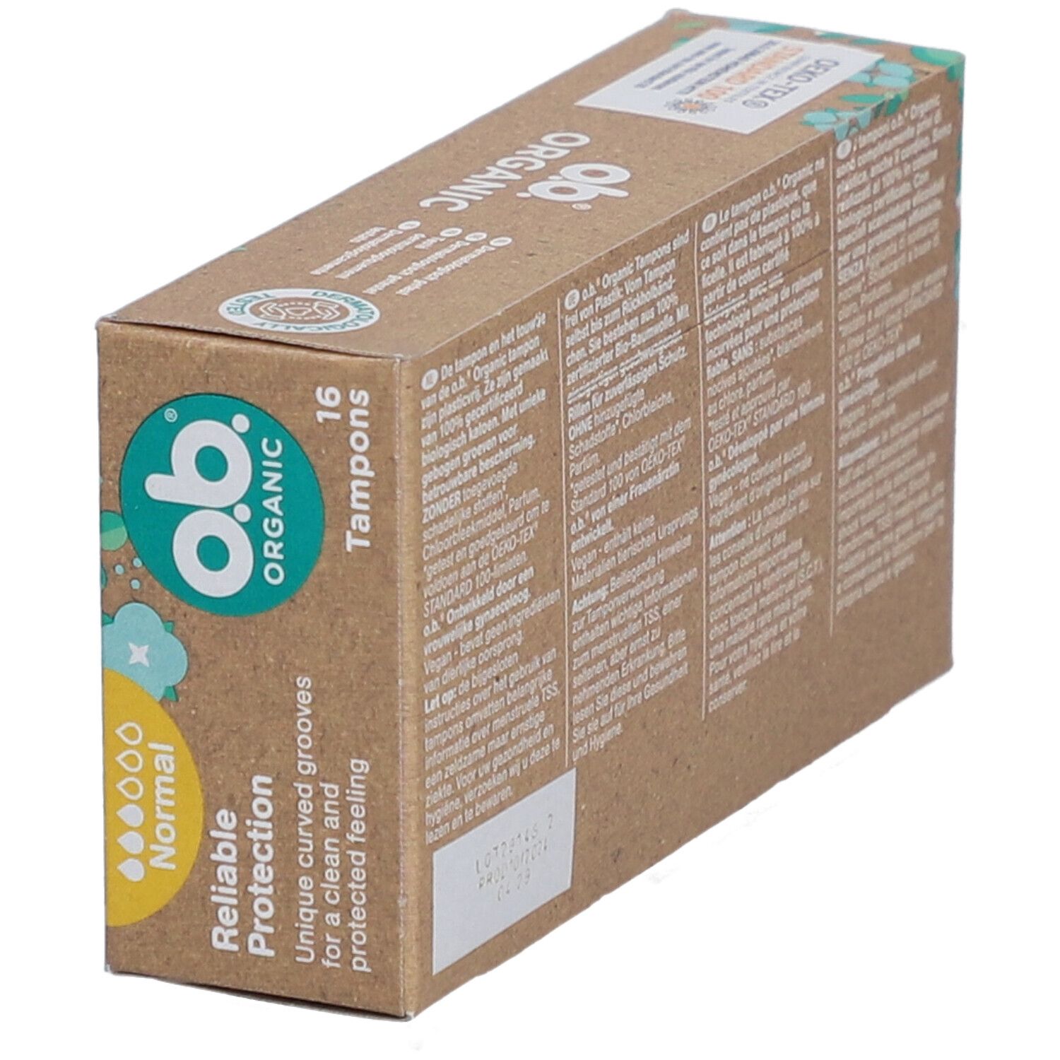 Boîte de tampons inclinée. O.B. Organic, 16 tampons. Texte en allemand, français, italien, néerlandais.