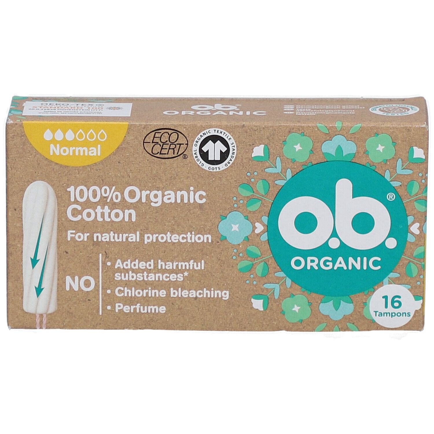 Boîte de tampons O.B. Organic, 100% coton bio, 16 unités. Certifications: Ecocert, Textile Exchange.