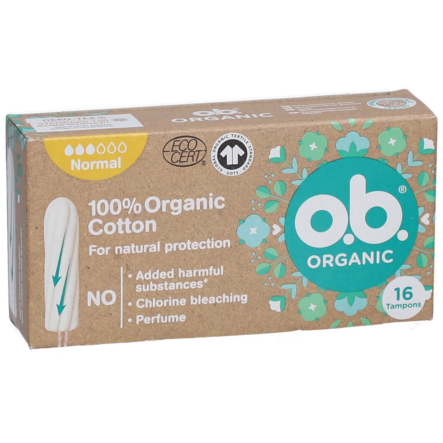 Boîte de tampons O.B. Organic, 100% coton bio, 16 unités. Certifications: Ecocert, Textile Exchange.