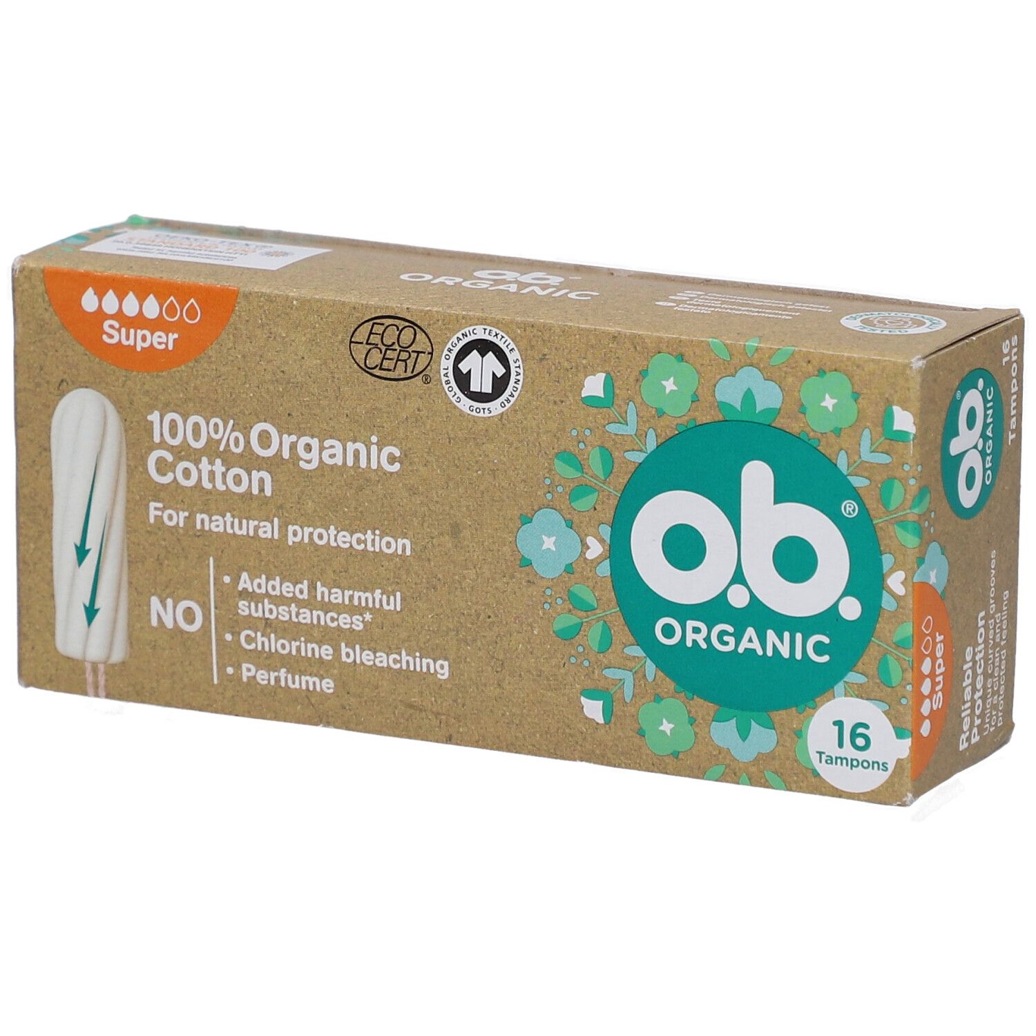 Boîte de tampons o.b. Organic. 16 tampons. 100% coton bio. Super. Certification Eco. Sans substances nocives.