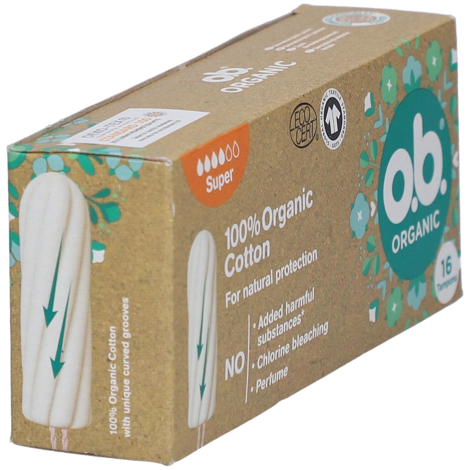 Boîte de tampons o.b. Organic. 16 tampons. 100% coton bio. Super. Certification Eco. Sans substances nocives.