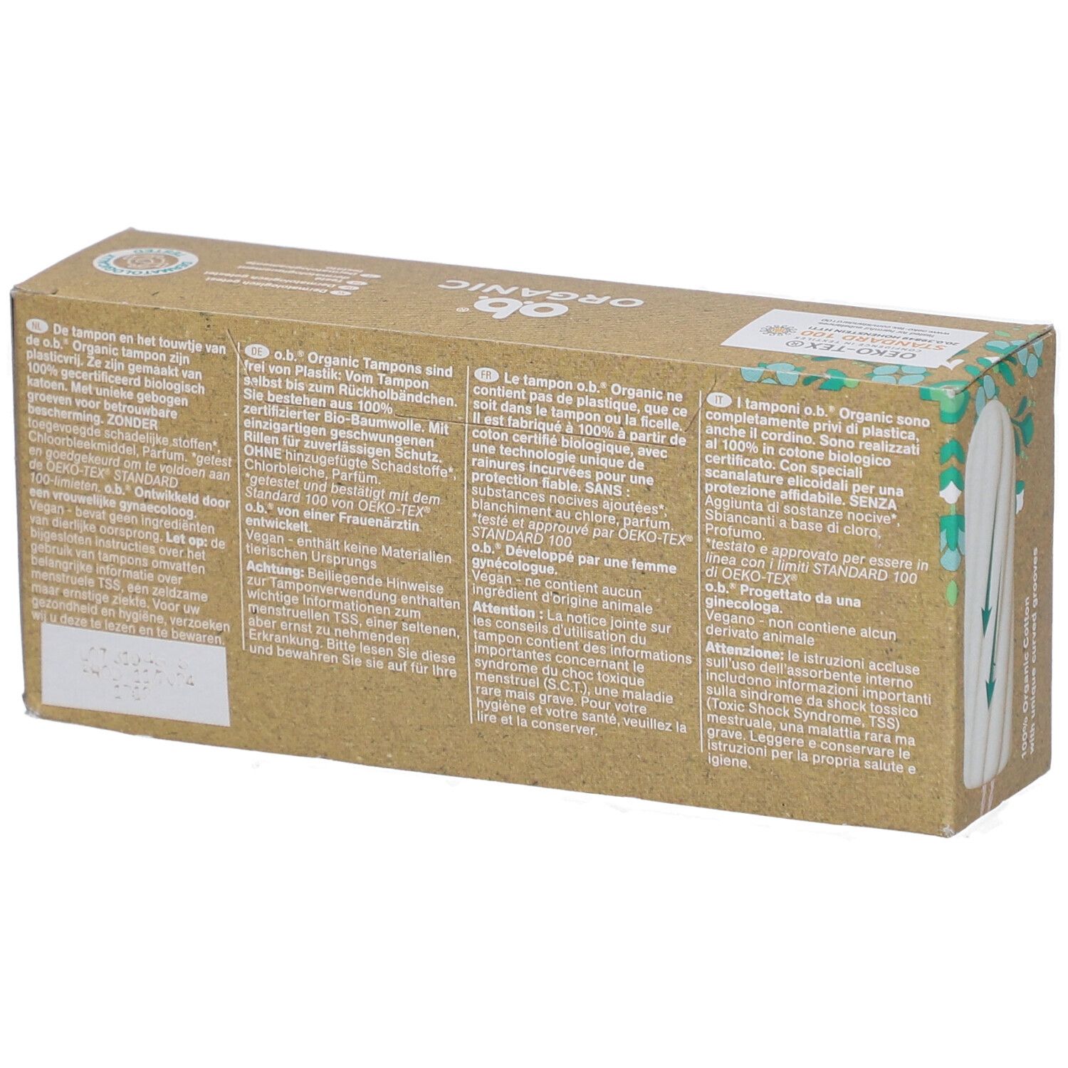 Dos de la boîte de tampons. Textes en allemand, italien, néerlandais et français. Marque : o.b. Organic.