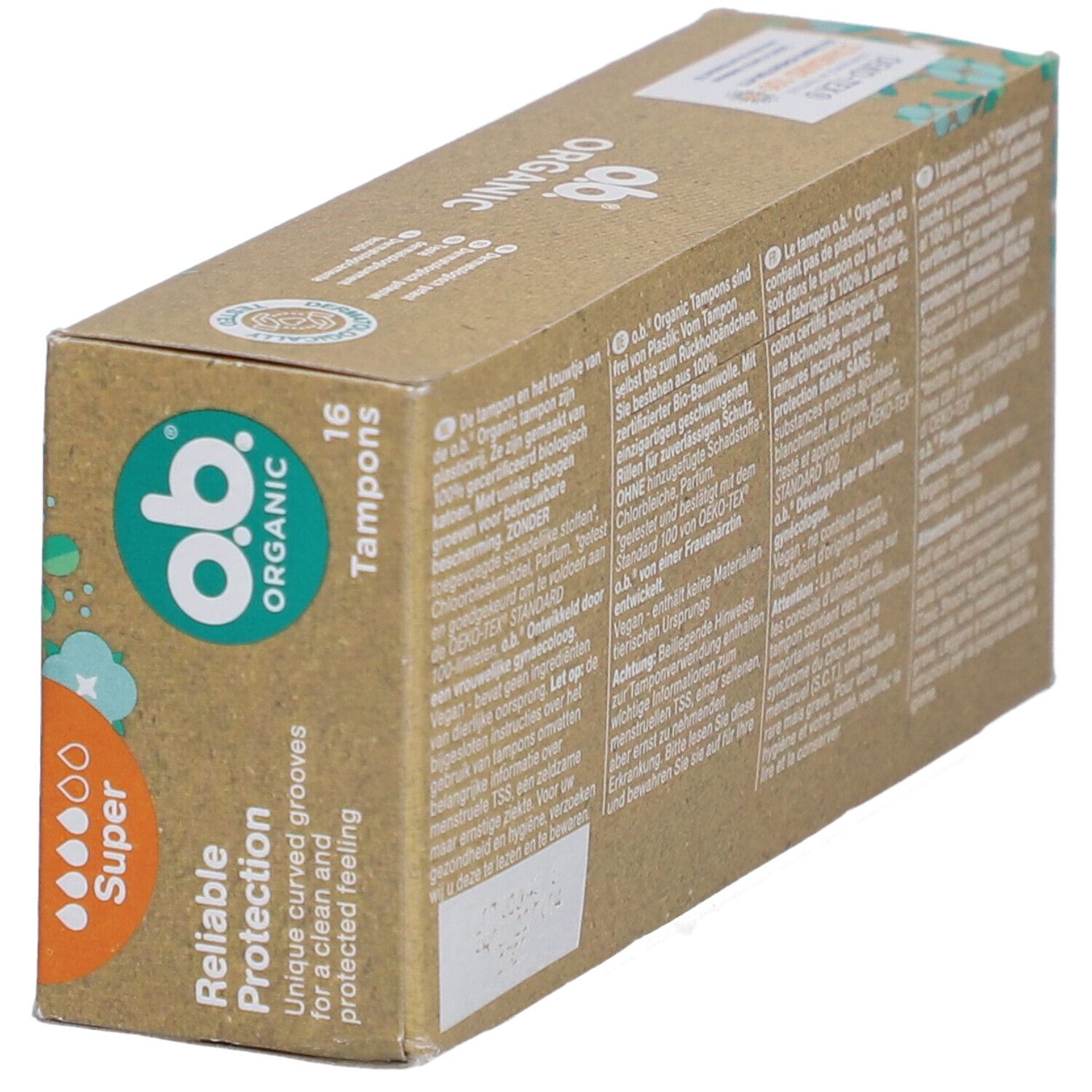 Boîte de tampons o.b. Organic. 16 tampons. 100% coton bio. Super. Certification Eco. Sans substances nocives.