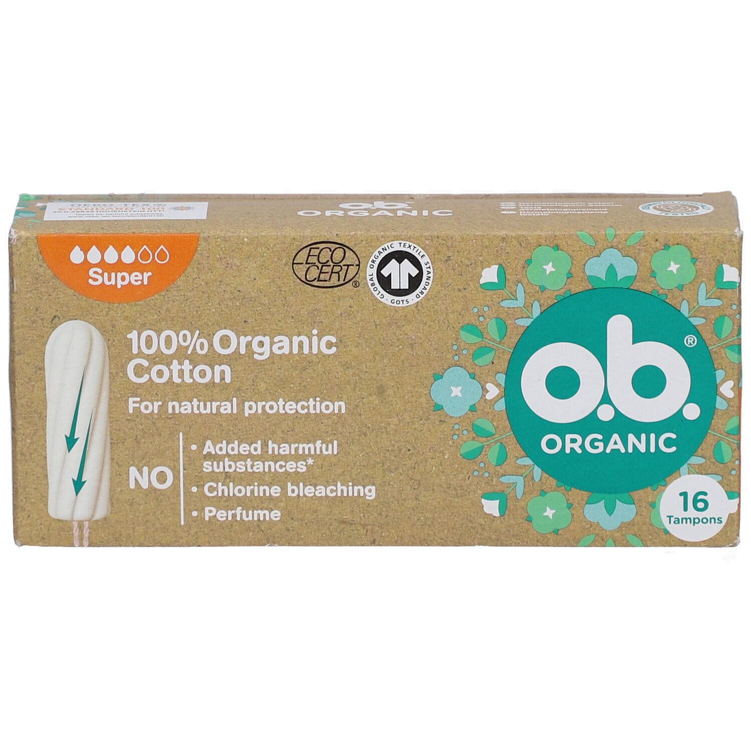 Boîte de tampons o.b. Organic. 16 tampons. 100% coton bio. Super. Certification Eco. Sans substances nocives.