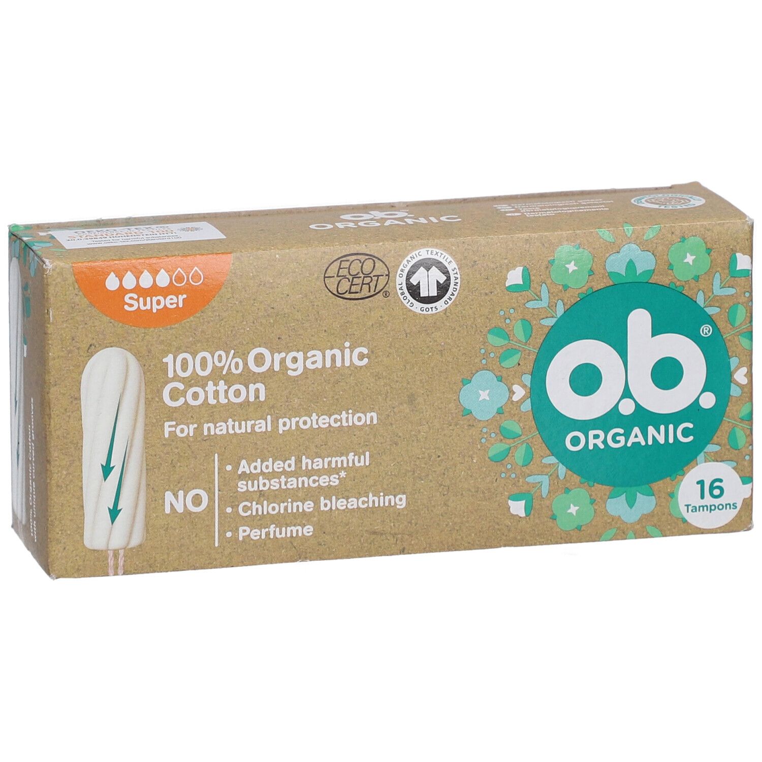 Boîte de tampons o.b. Organic. 16 tampons. 100% coton bio. Super. Certification Eco. Sans substances nocives.