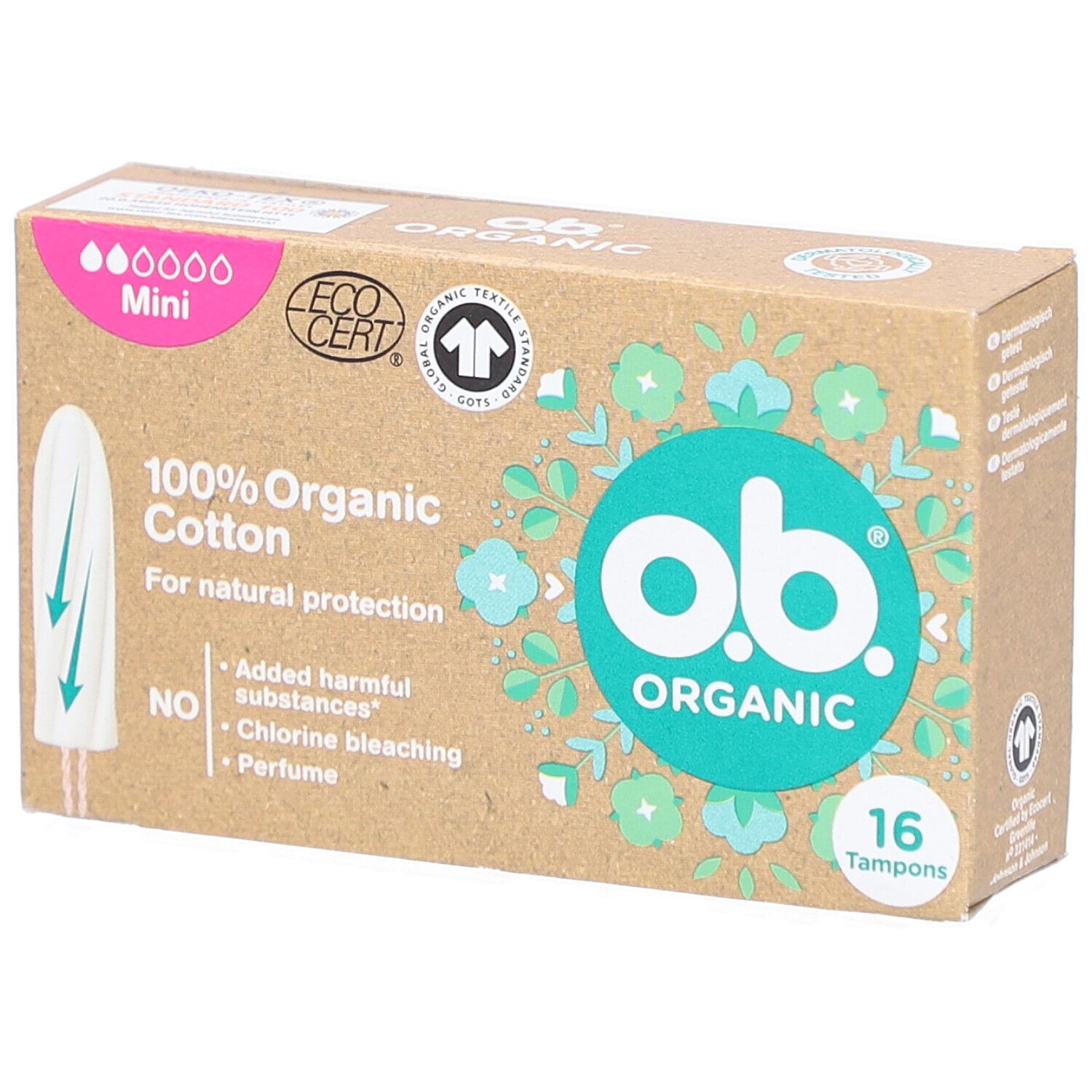 Boîte de tampons O.B. Organic Mini. 16 tampons. 100% coton bio. Certifié EcoCert.