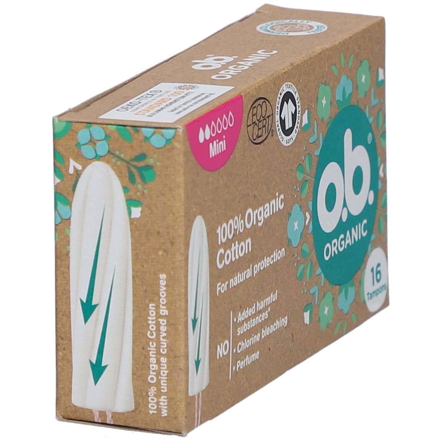 Boîte de tampons O.B. Organic Mini. 16 tampons. 100% coton bio. Certifié EcoCert.