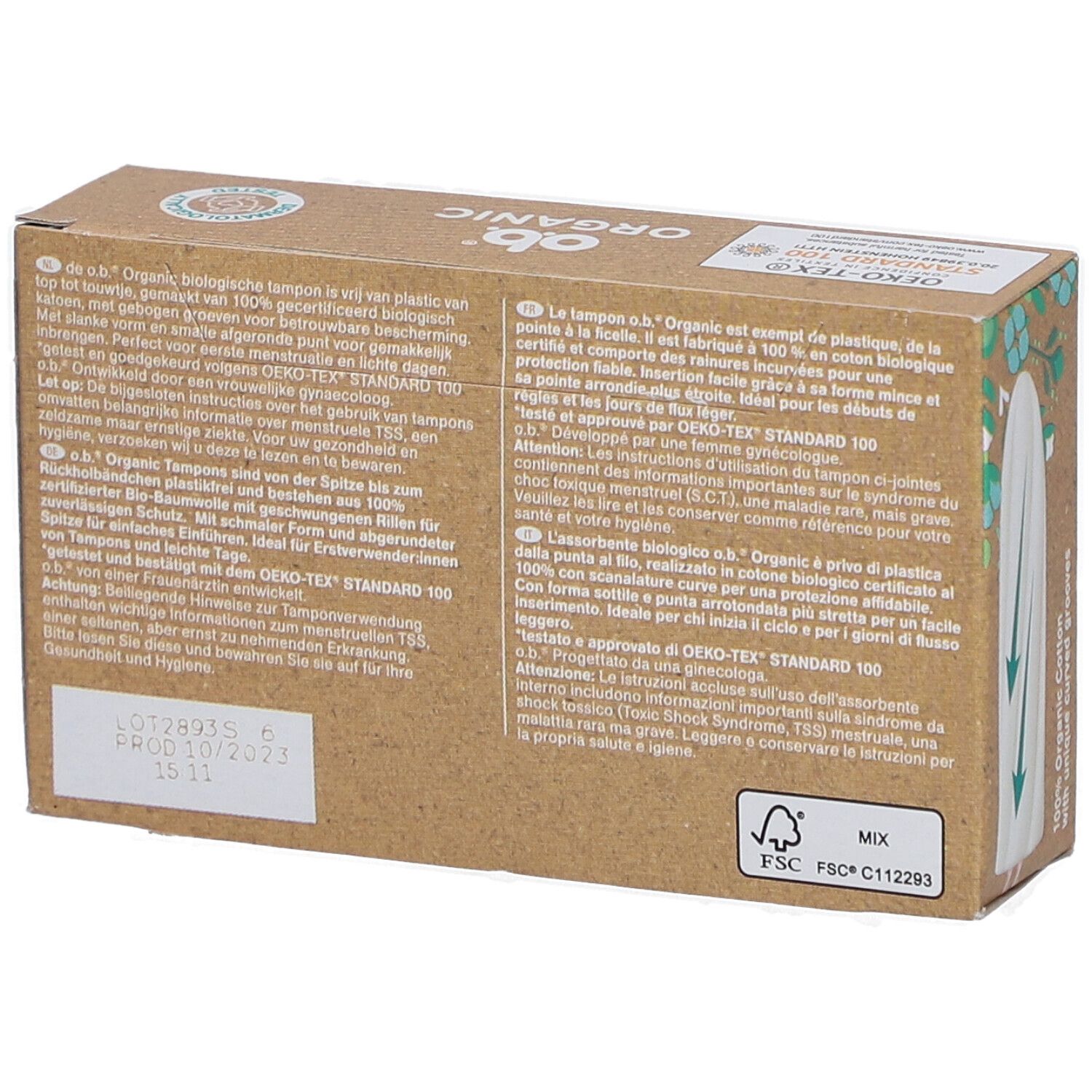 Dos de l'emballage des tampons O.B. Organic Mini. Texte en allemand, français, italien et néerlandais. Certification FSC.