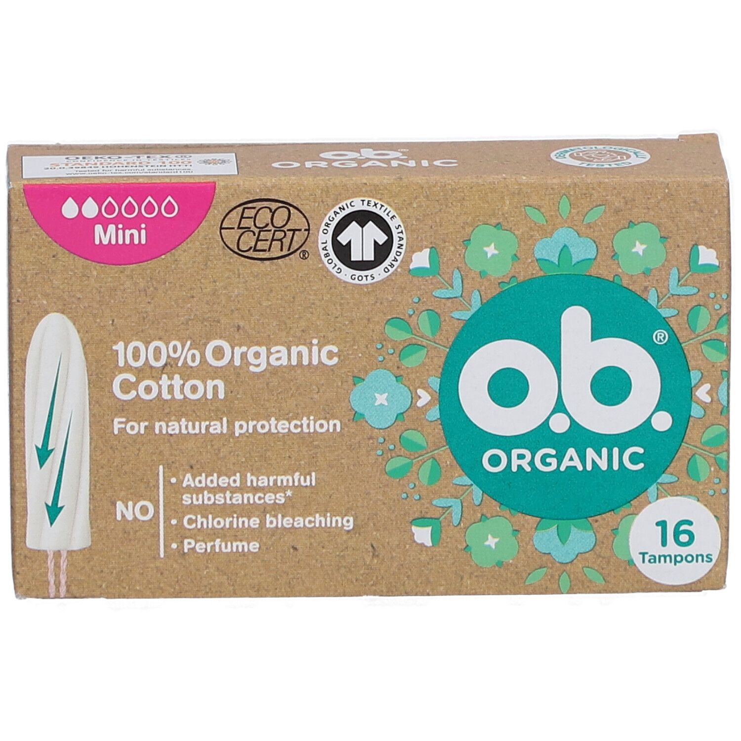Boîte de tampons O.B. Organic Mini. 16 tampons. 100% coton bio. Certifié EcoCert.