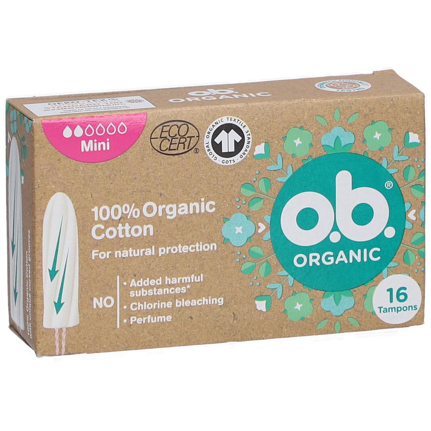 Boîte de tampons O.B. Organic Mini. 16 tampons. 100% coton bio. Certifié EcoCert.