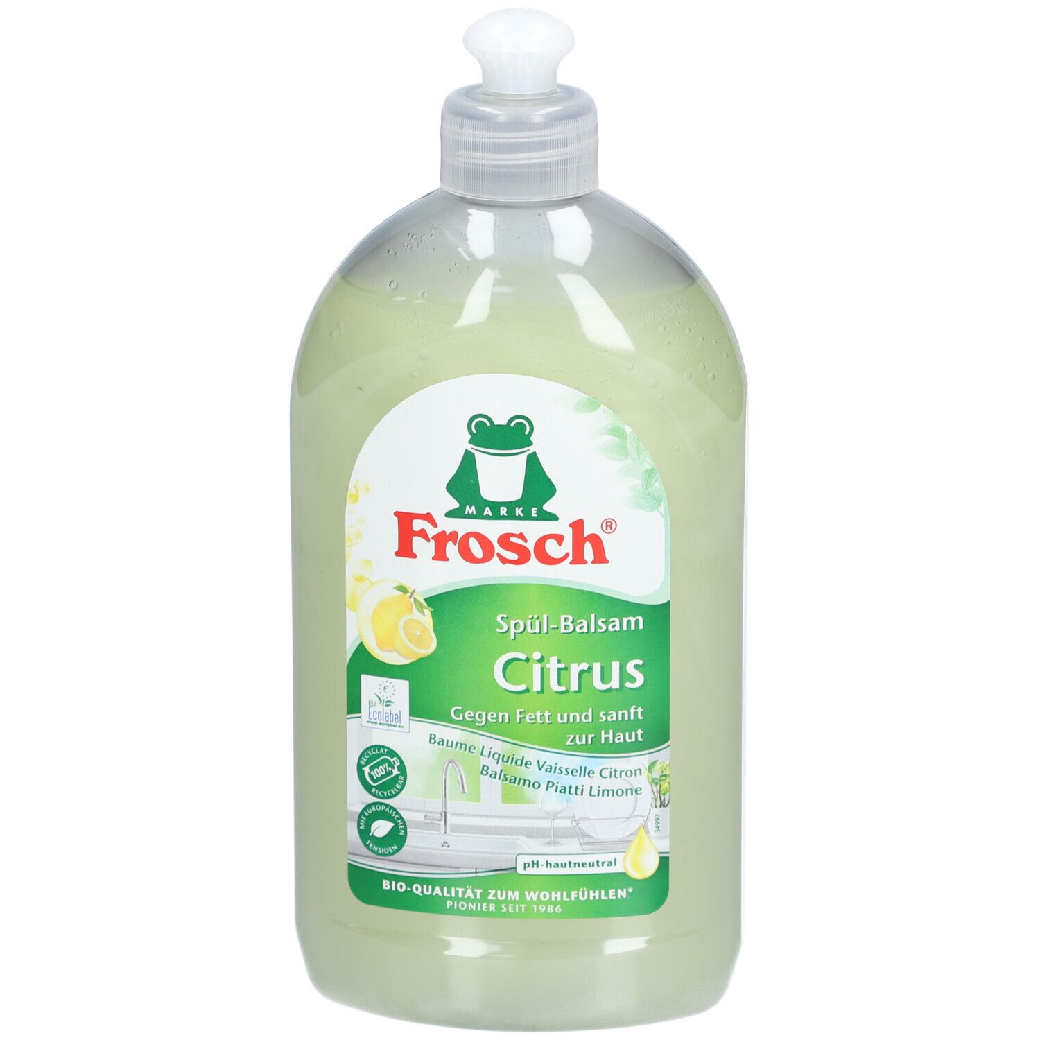 Flacon de liquide vaisselle. Liquide verdâtre, pompe blanche. Logo Frosch et inscription "Citrus" sur l'étiquette.
