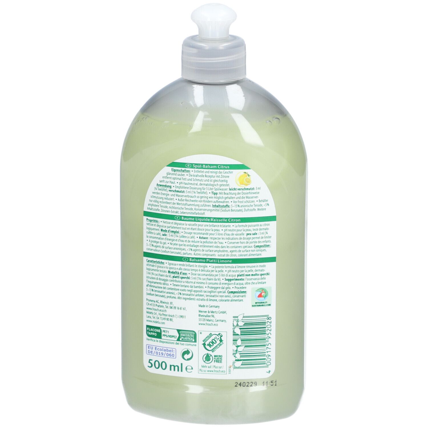 Dos du flacon de liquide vaisselle. Texte en plusieurs langues. Code-barres et informations sur la quantité.