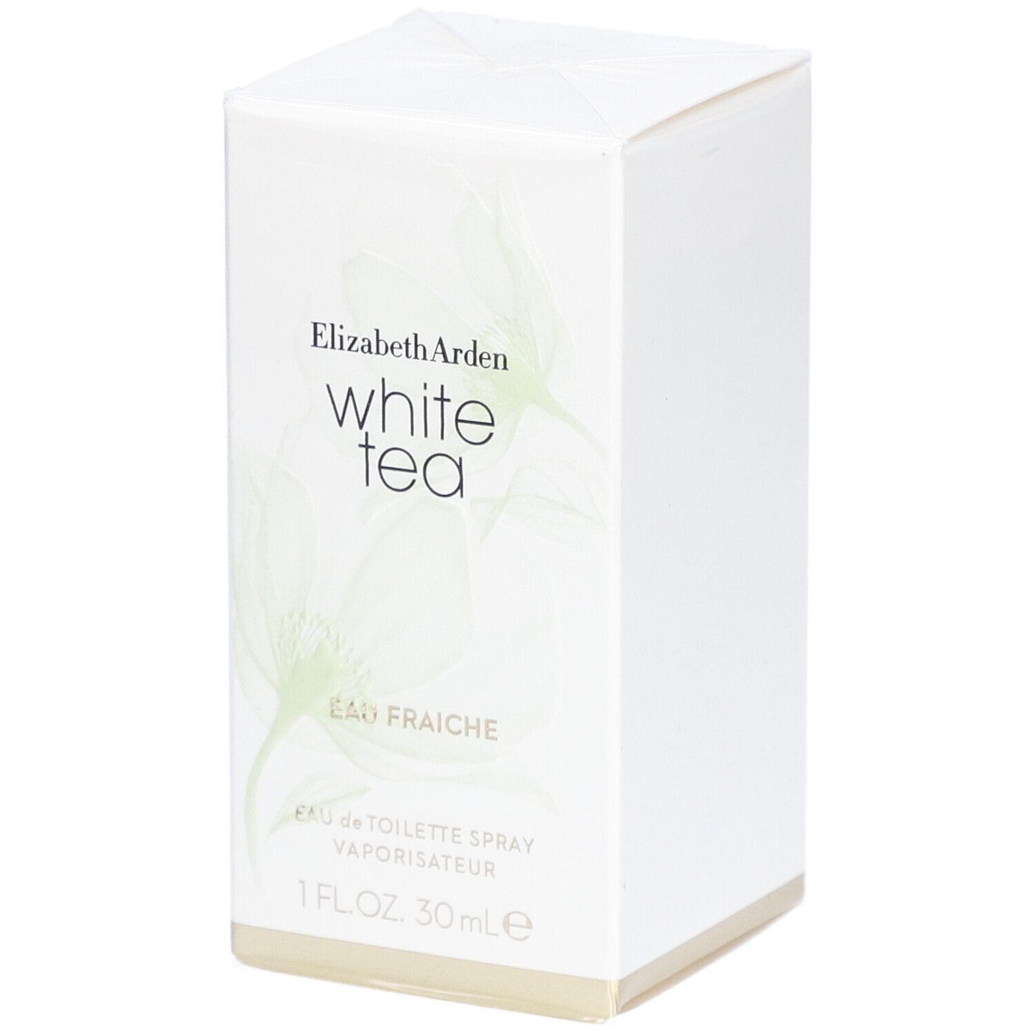 Boîte blanche rectangulaire avec nom et logo du produit. Inscription : White Tea Eau Fraîche. 1 FL.OZ. 30 ml.