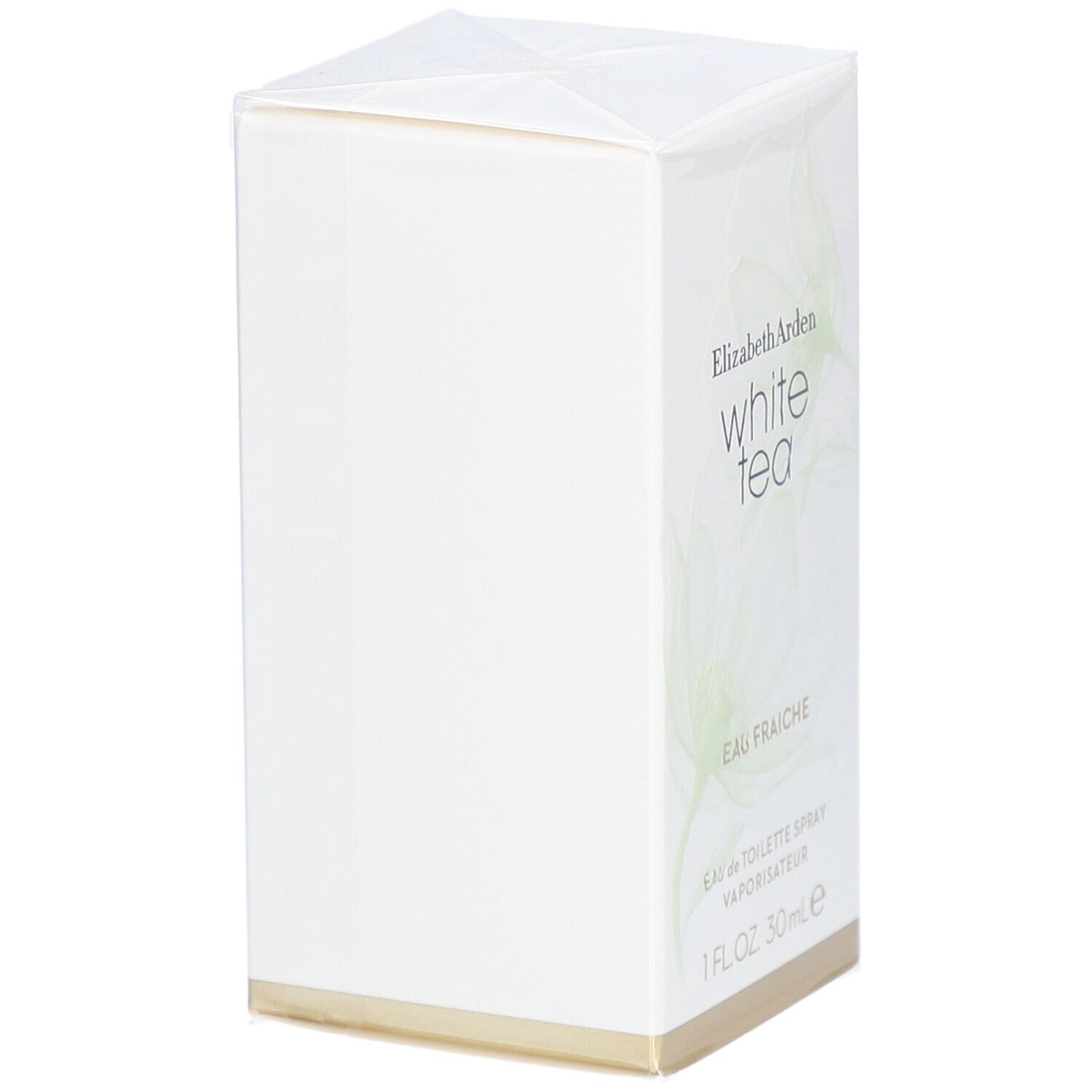 Boîte blanche rectangulaire avec nom et logo du produit. Inscription : White Tea Eau Fraîche. 1 FL.OZ. 30 ml.