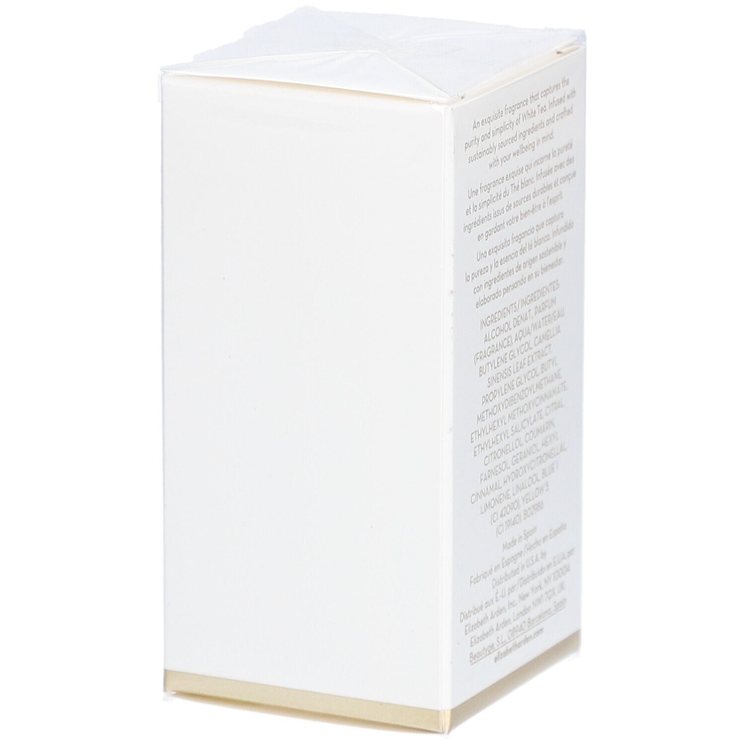 Boîte rectangulaire blanche avec texte. Contient les ingrédients et les informations du fabricant. Bord doré en bas.